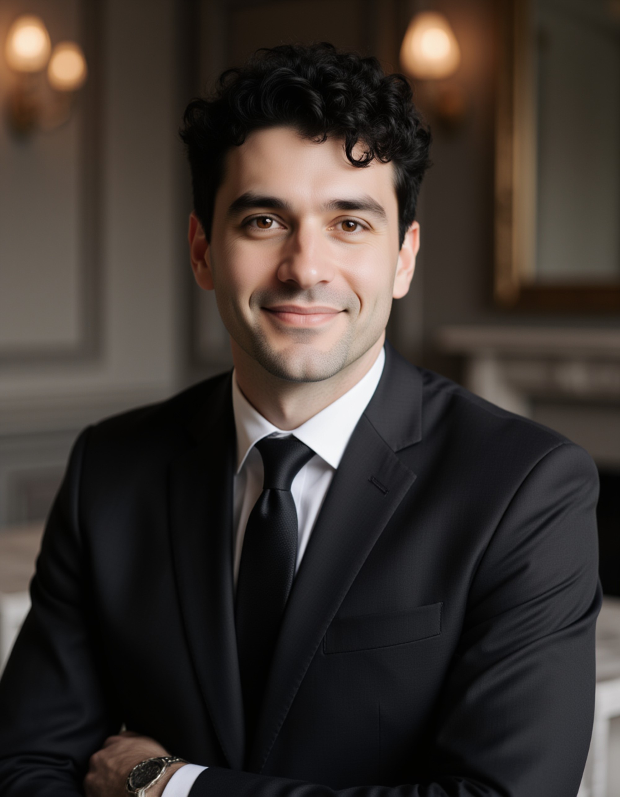 Luxury realtor headshot of the model, elegant charcoal suit, subtle rim light, minimalistic luxury interior with marble details softly blurred, ultra-sharp premium portrait