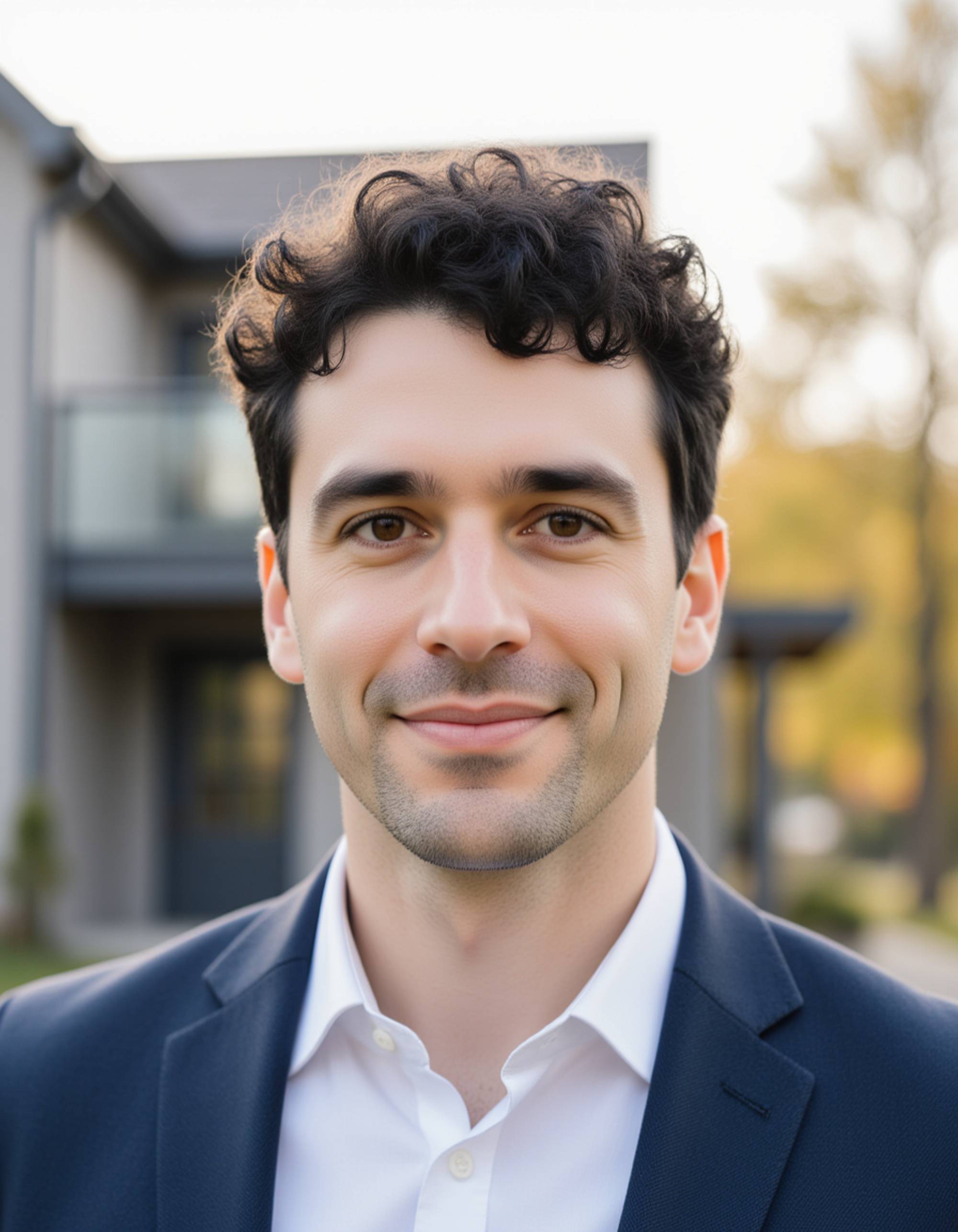 Outdoor real estate agent headshot of the model, natural sunlight, modern building or house blurred behind, confident but approachable expression, lifestyle real-estate photography feel