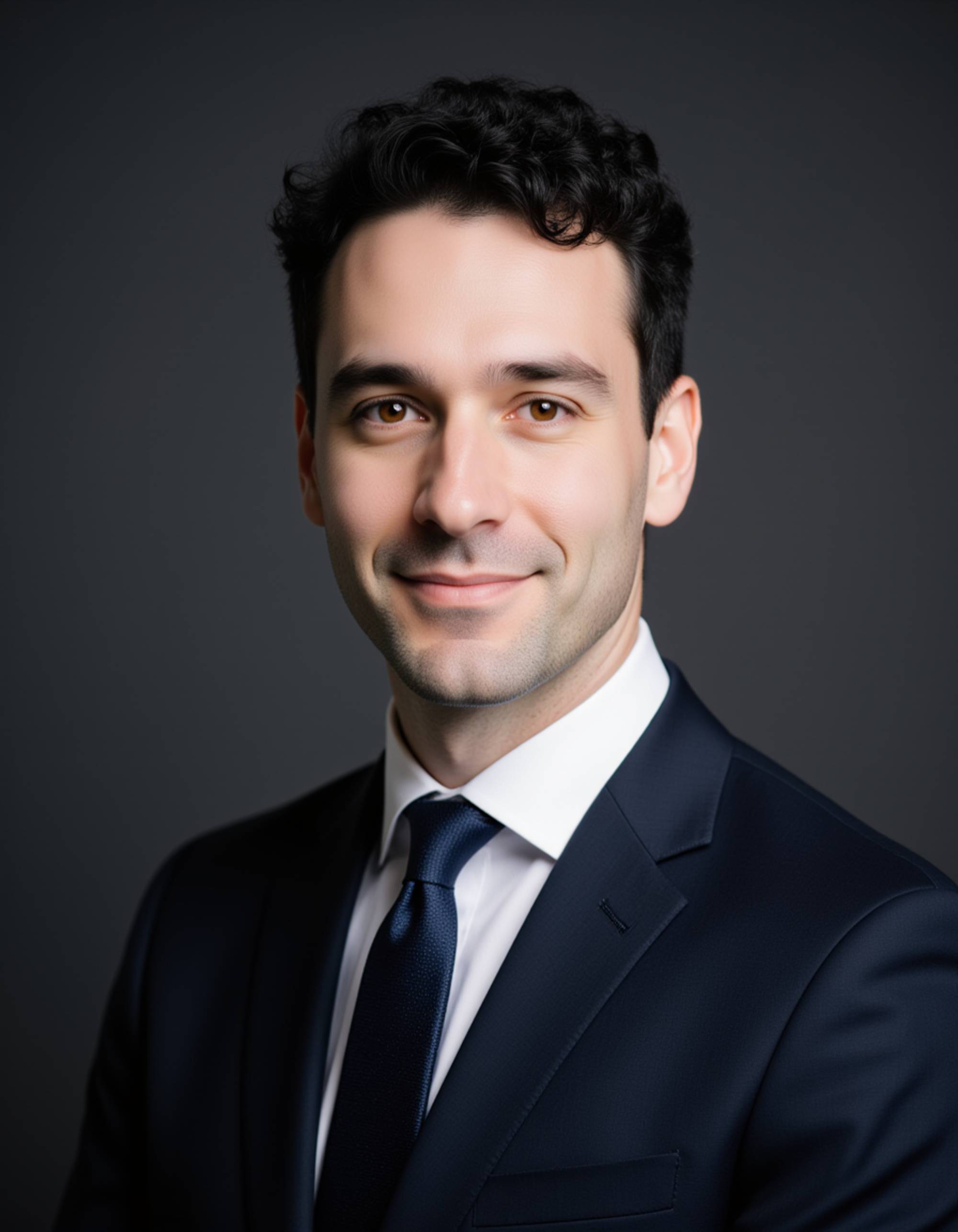 Corporate broker headshot of the model, serious professional expression, classic suit and tie, clean gradient studio backdrop, cinematic lighting, premium LinkedIn-style portrait