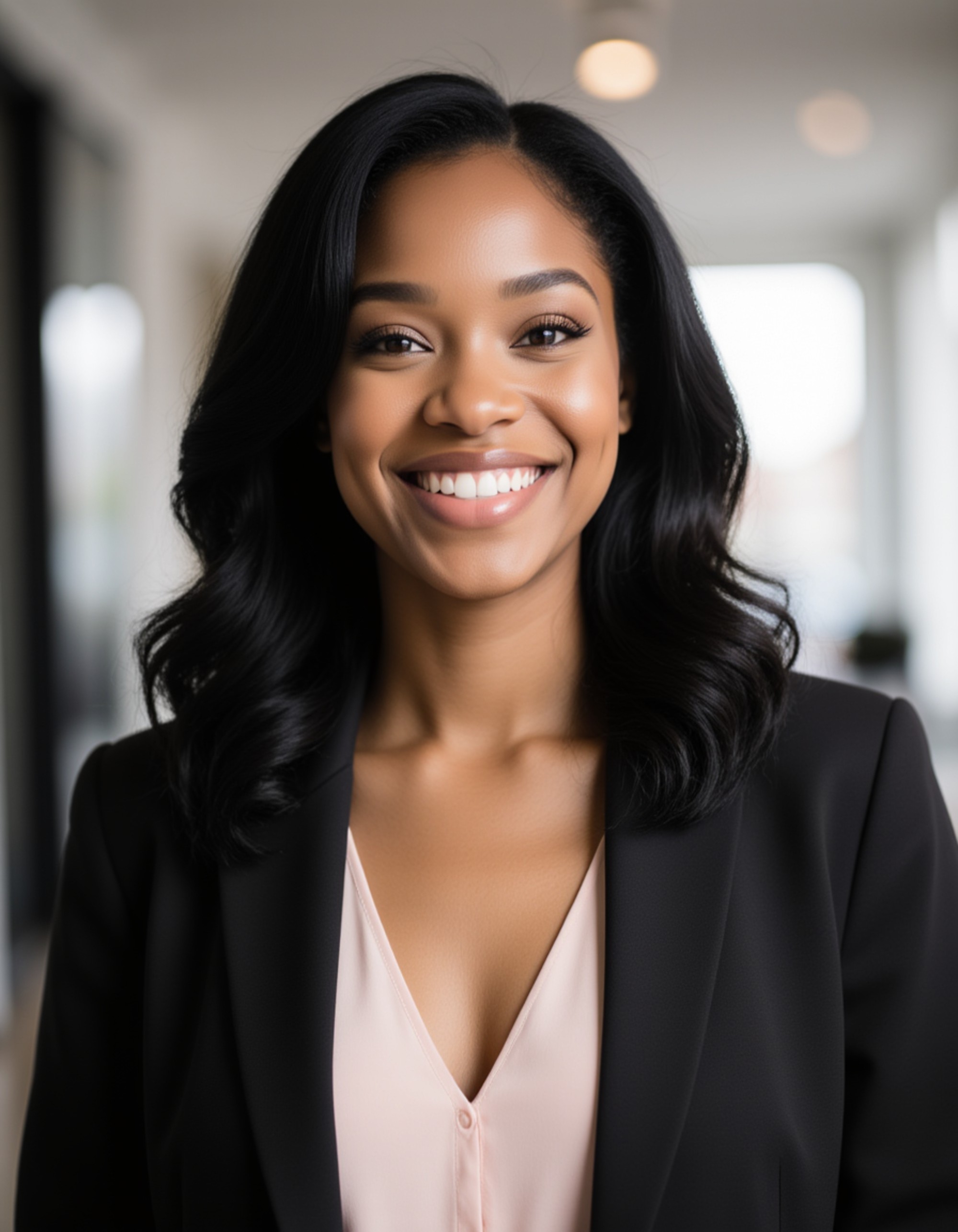 Clean professional headshot of the model as a real estate agent, soft smile, tailored blazer over a light blouse, polished hair, soft natural lighting, blurred modern office environment, premium corporate portrait style