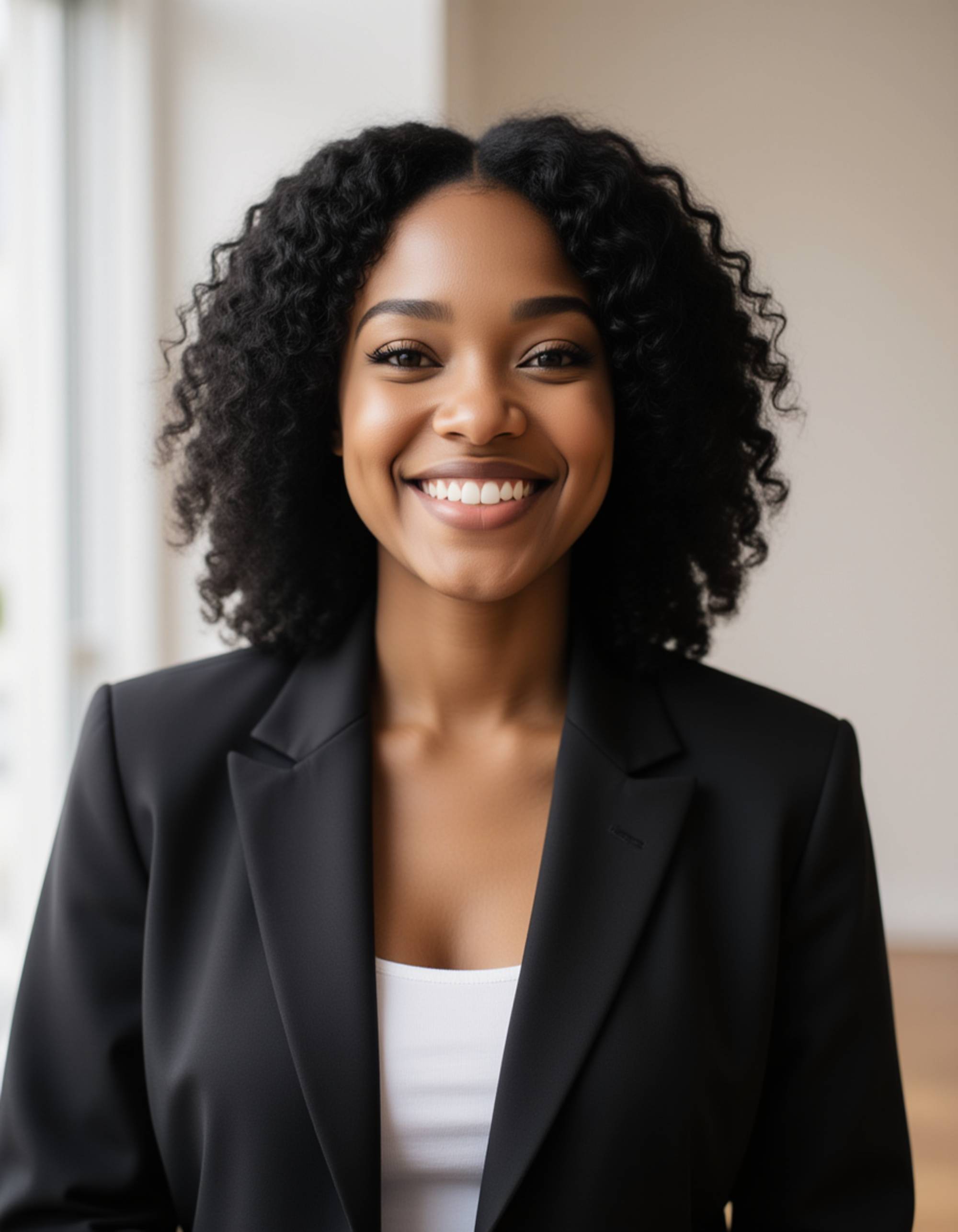 Real estate branding headshot of the model, warm approachable expression, fitted blazer, bright neutral indoor background, diffused daylight, crisp and elegant portrait composition