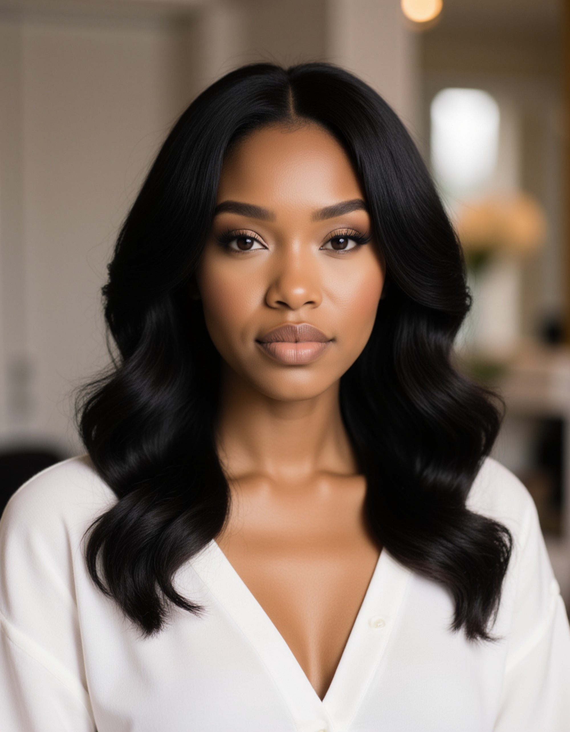 Luxury realtor headshot of the model, elegant styling, smooth hair, subtle makeup, minimalistic high-end interior with marble and gold accents blurred behind, soft rim lighting, ultra-sharp premium portrait