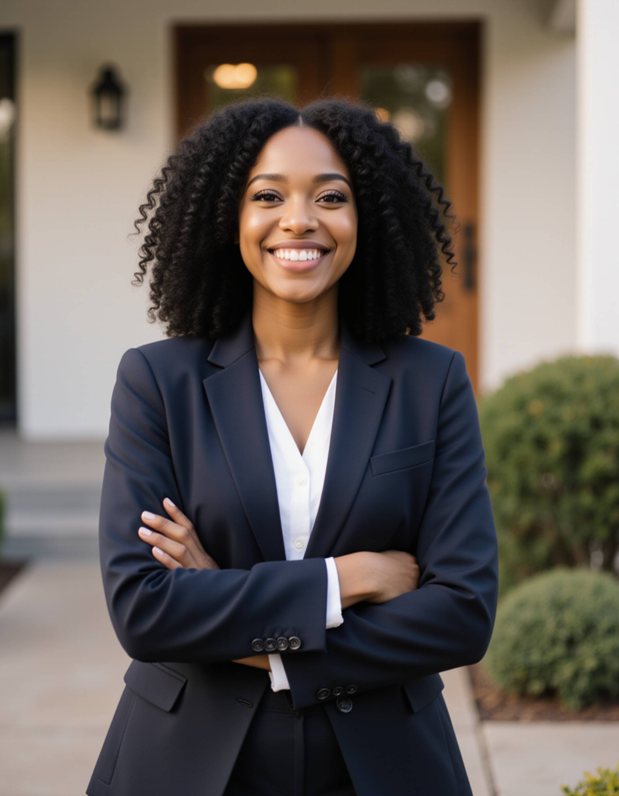 Outdoor real estate agent headshot of the model, natural daylight glow, modern home or building entry softly blurred in the background, confident yet friendly look, business-casual wardrobe, lifestyle real estate photography