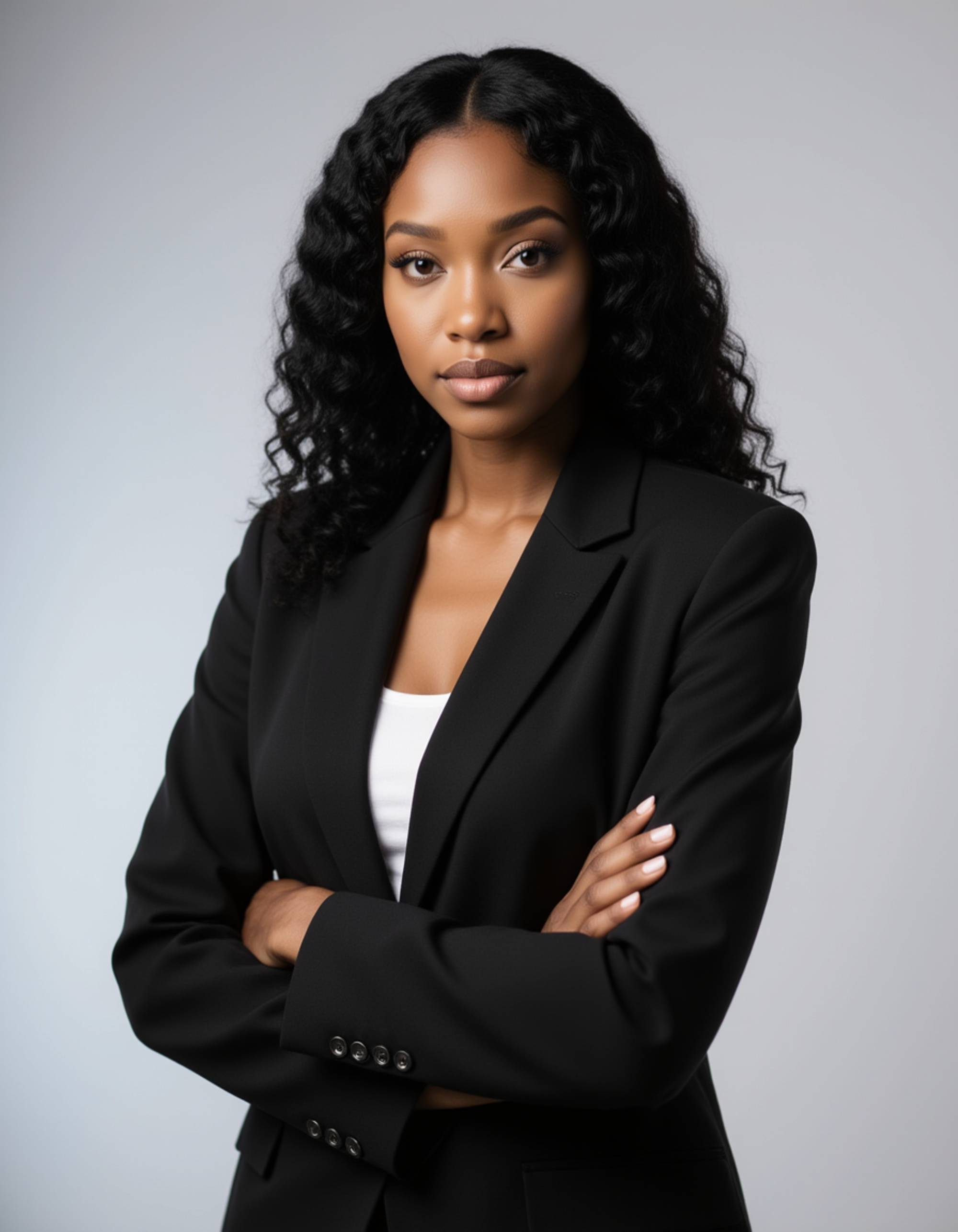 Experienced real estate broker portrait of the model, poised professional expression, structured blazer, studio lighting with clean gradient backdrop, sharp LinkedIn-style premium portrait