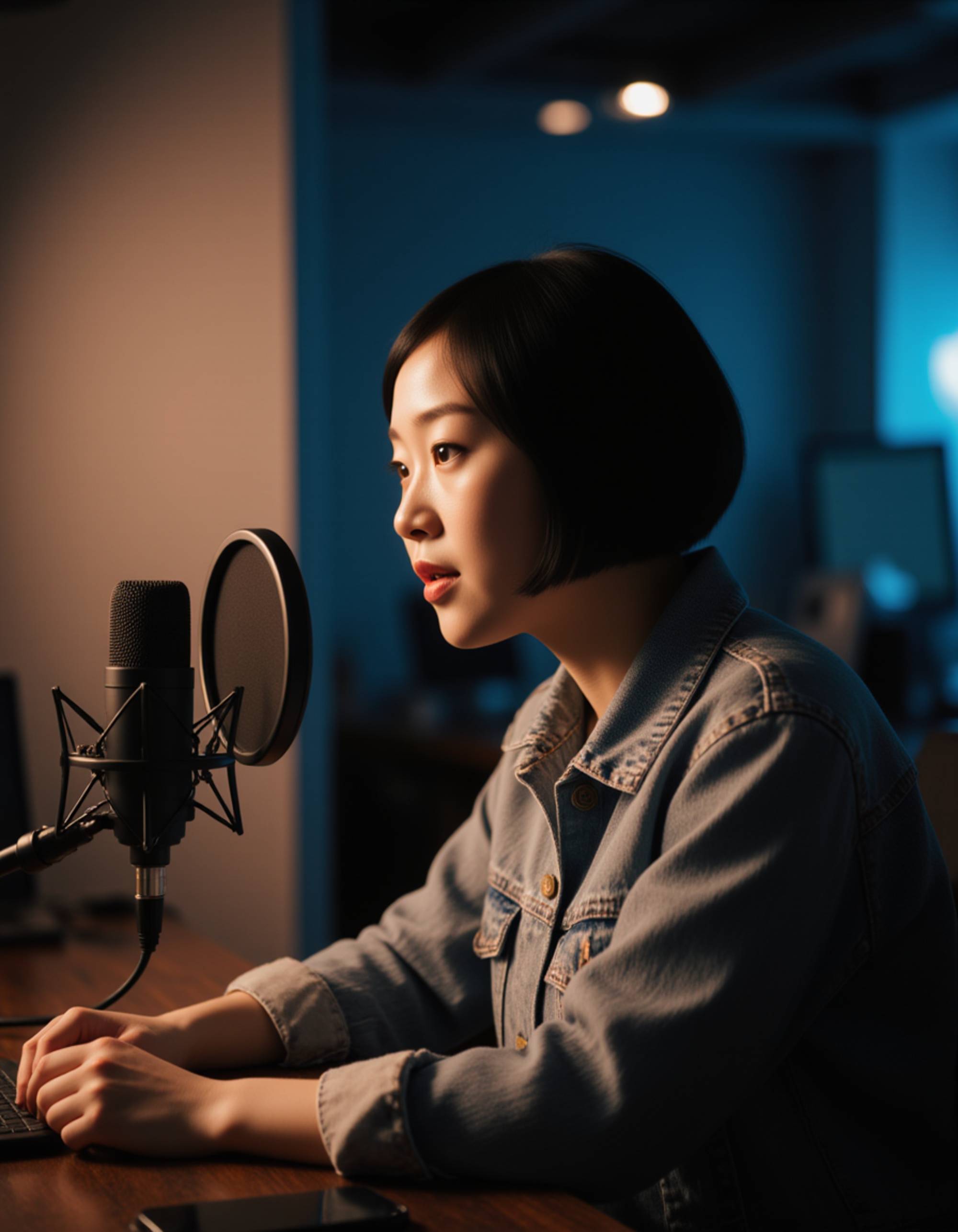 Podcast cover featuring the model speaking into a high-end microphone in a modern studio setup, soft rim lighting, clean background with subtle audio waveforms, bold podcast title area, cinematic and professional aesthetic.