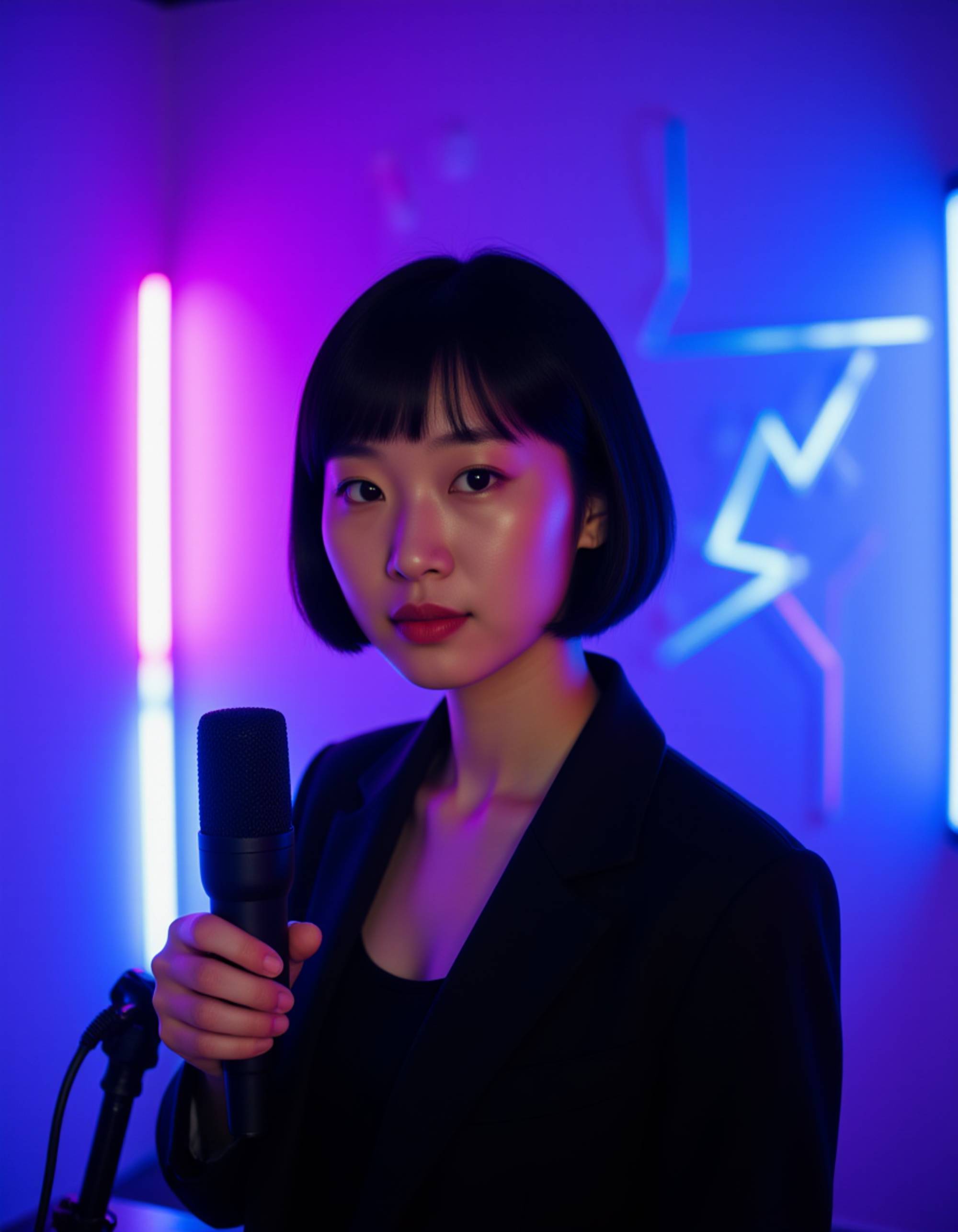 The model in a minimalist tech environment with neon blue and purple light accents, sleek microphone arm, abstract digital shapes in the background, crisp and modern layout space for podcast name.
