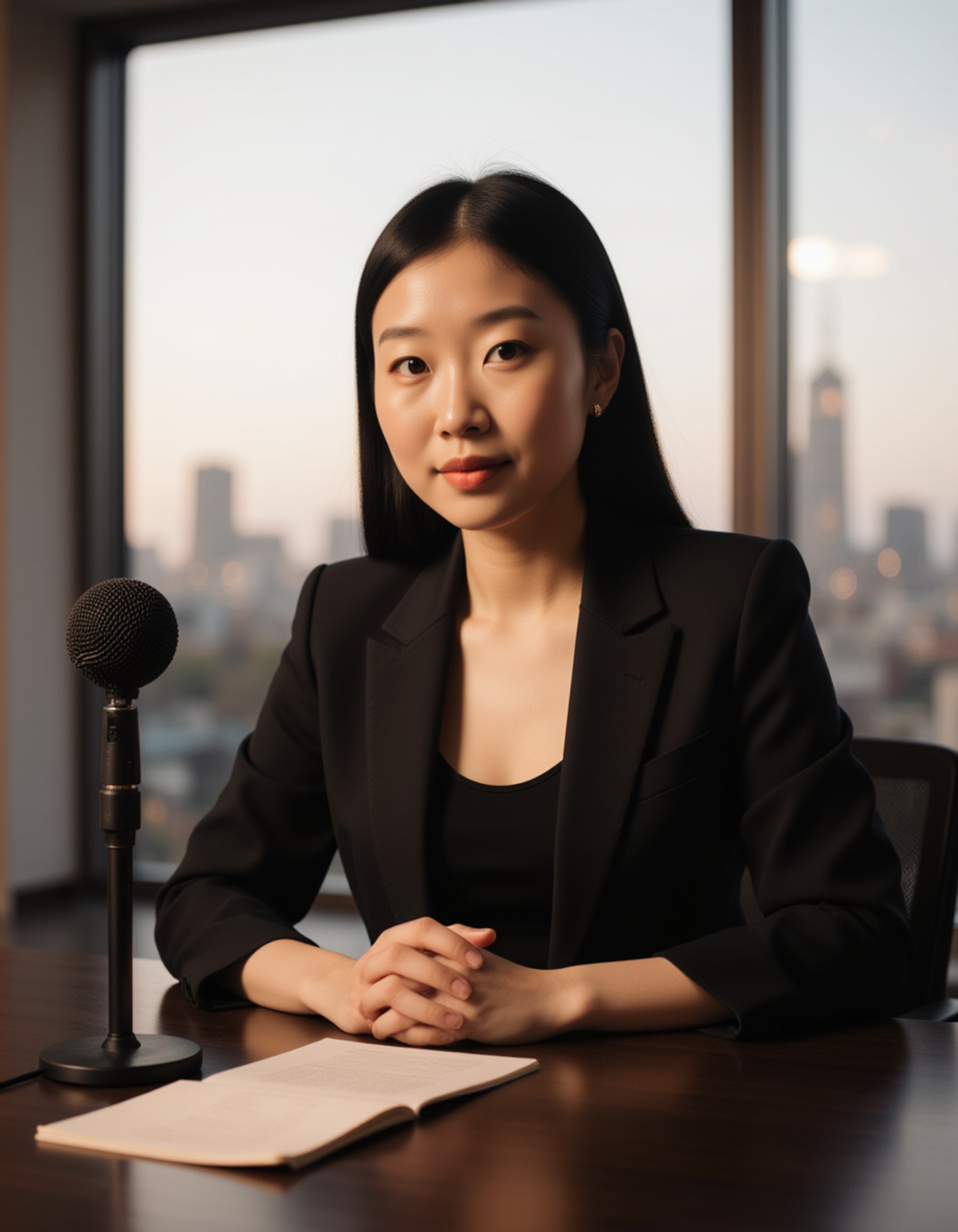 The model in a premium office setting with soft warm lighting, podcast mic on the desk, blurred city skyline background, elegant typography area, motivational and executive look.