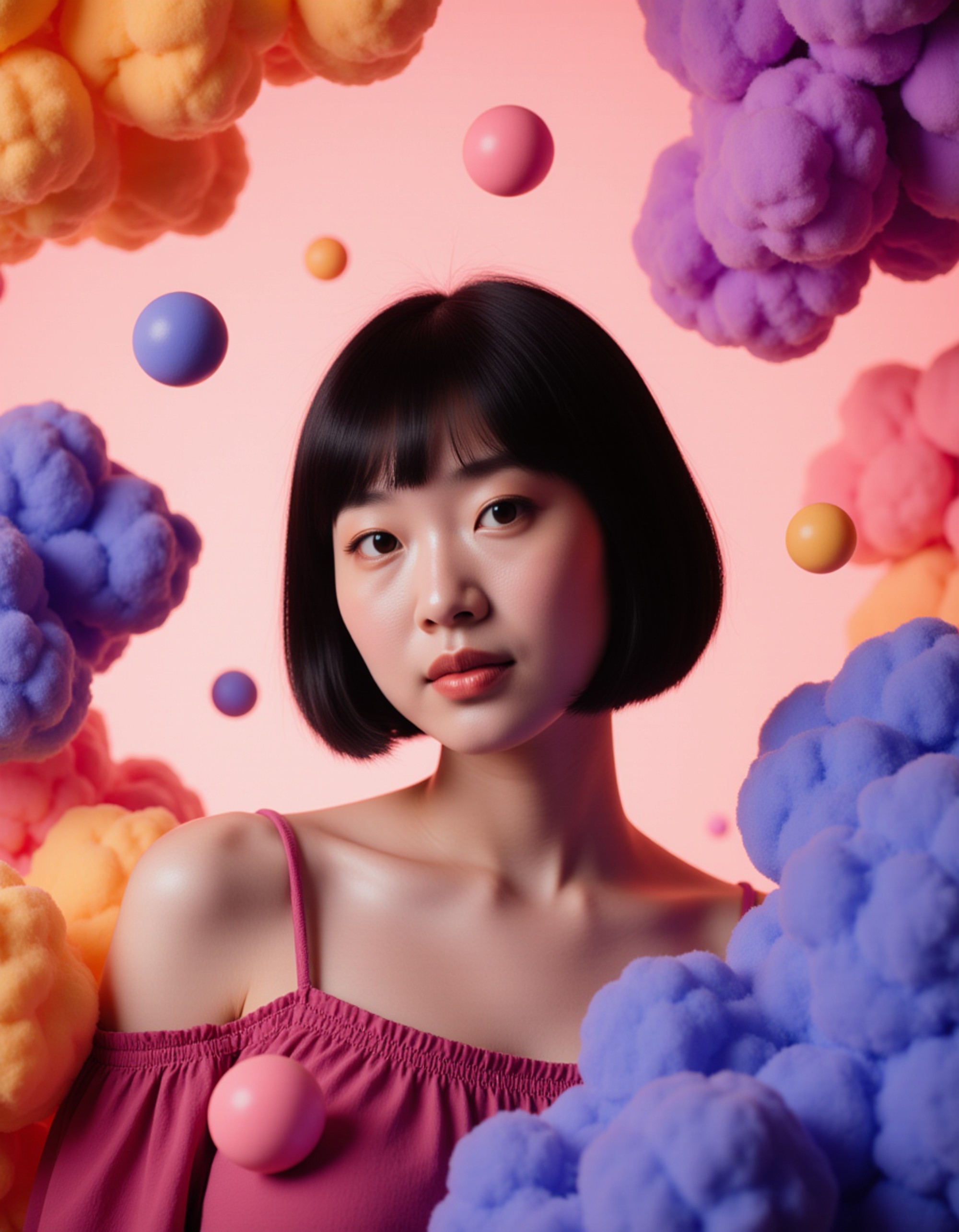 Artistic podcast cover showing the model surrounded by abstract shapes, colorful gradients and floating storytelling symbols, dreamy lighting, expressive space for podcast title.