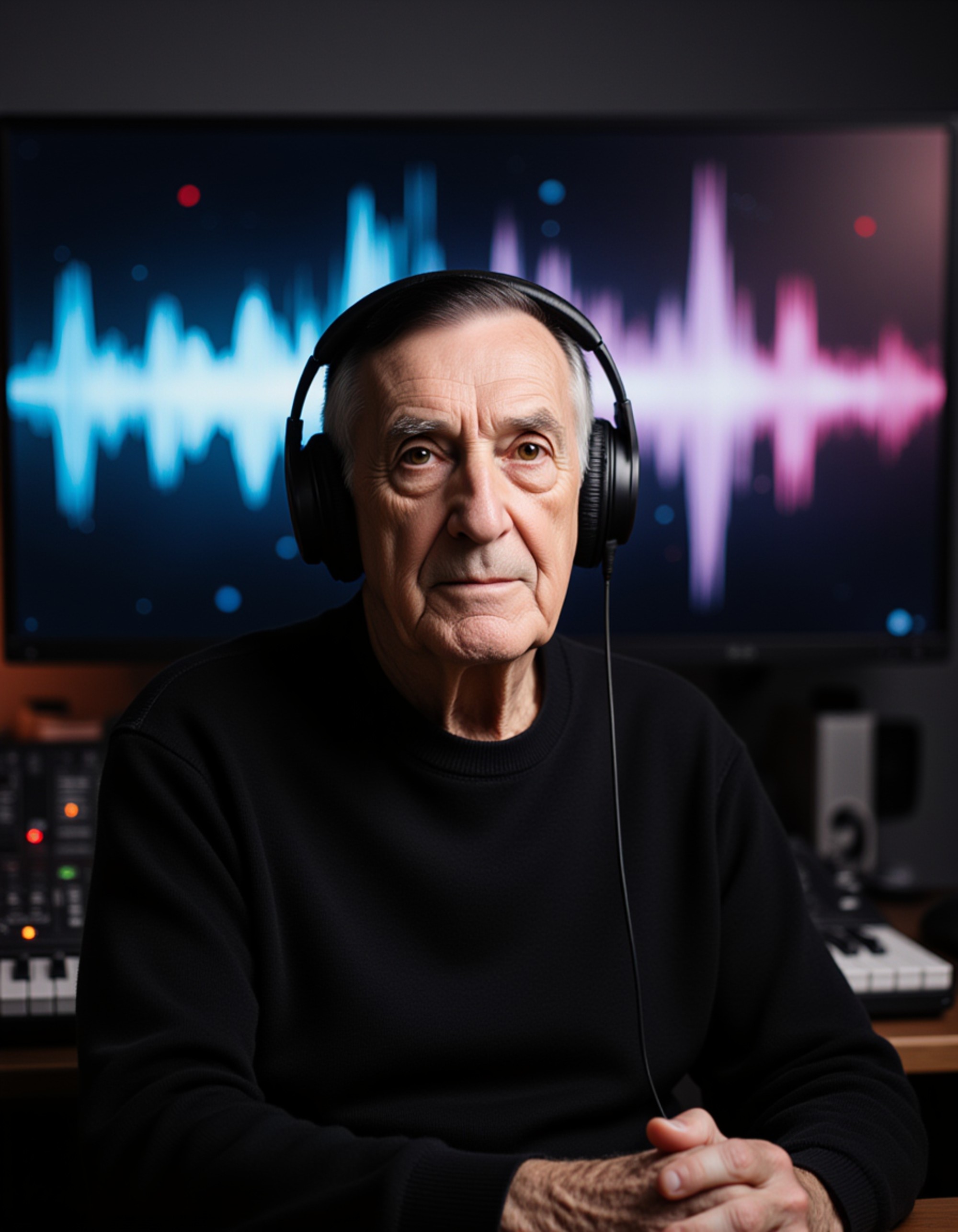 Podcast cover with the model in front of a large dynamic waveform screen, studio headphones on, deep contrast lighting, futuristic elements, clean space reserved for podcast title, bold professional vibe.