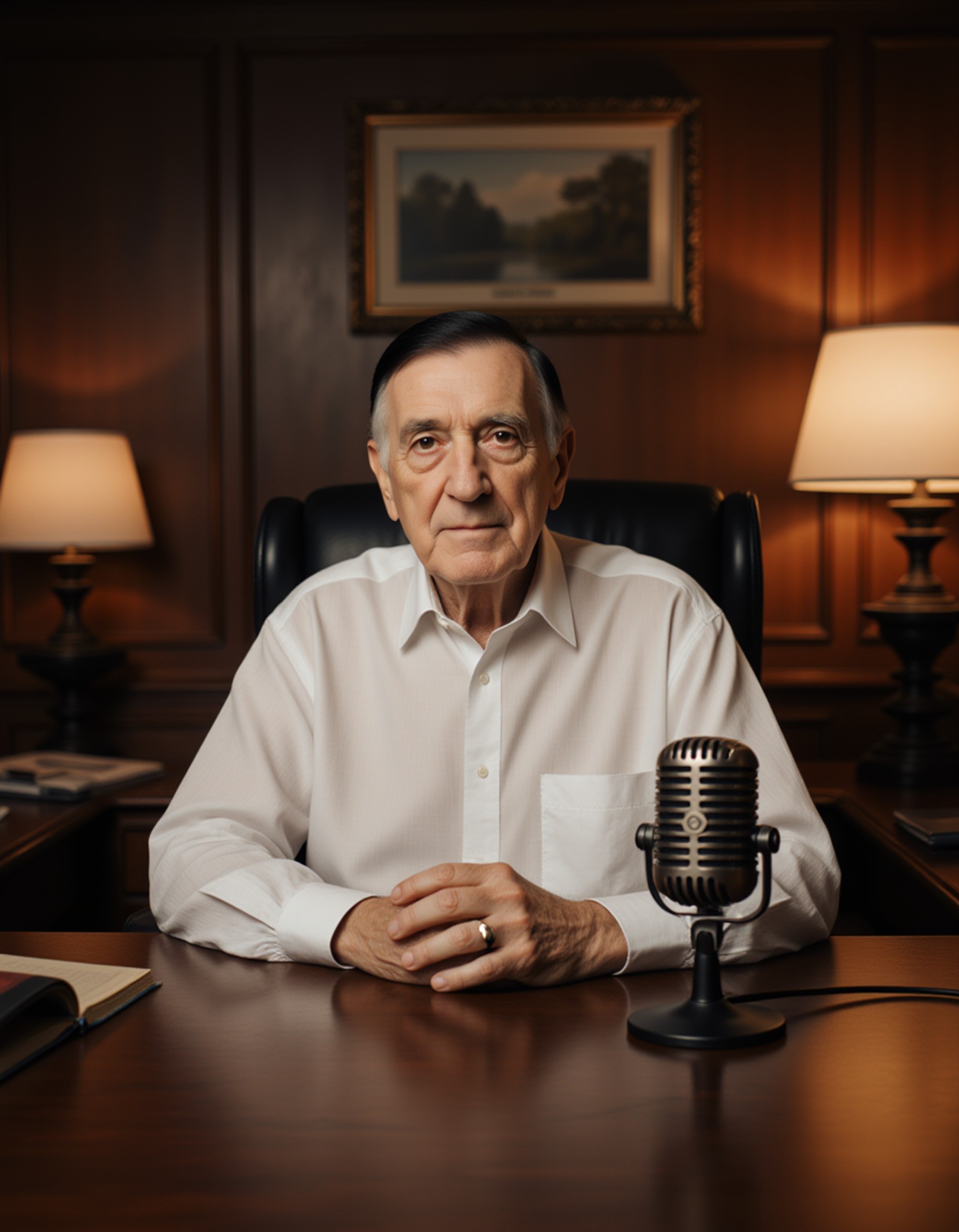 The model seated at a wooden desk with a vintage microphone, warm cinematic lighting, soft film grain, subtle retro patterns in the background, elegant area for the podcast name.