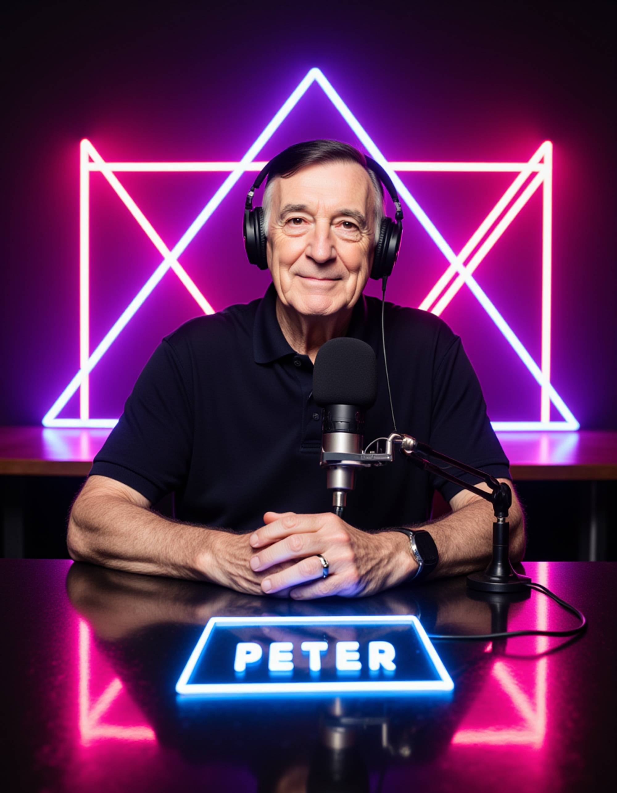 Energetic podcast cover featuring the model surrounded by neon geometric shapes, vibrant gradients, modern radio mic setup, glossy reflections, high-impact layout for episode title.