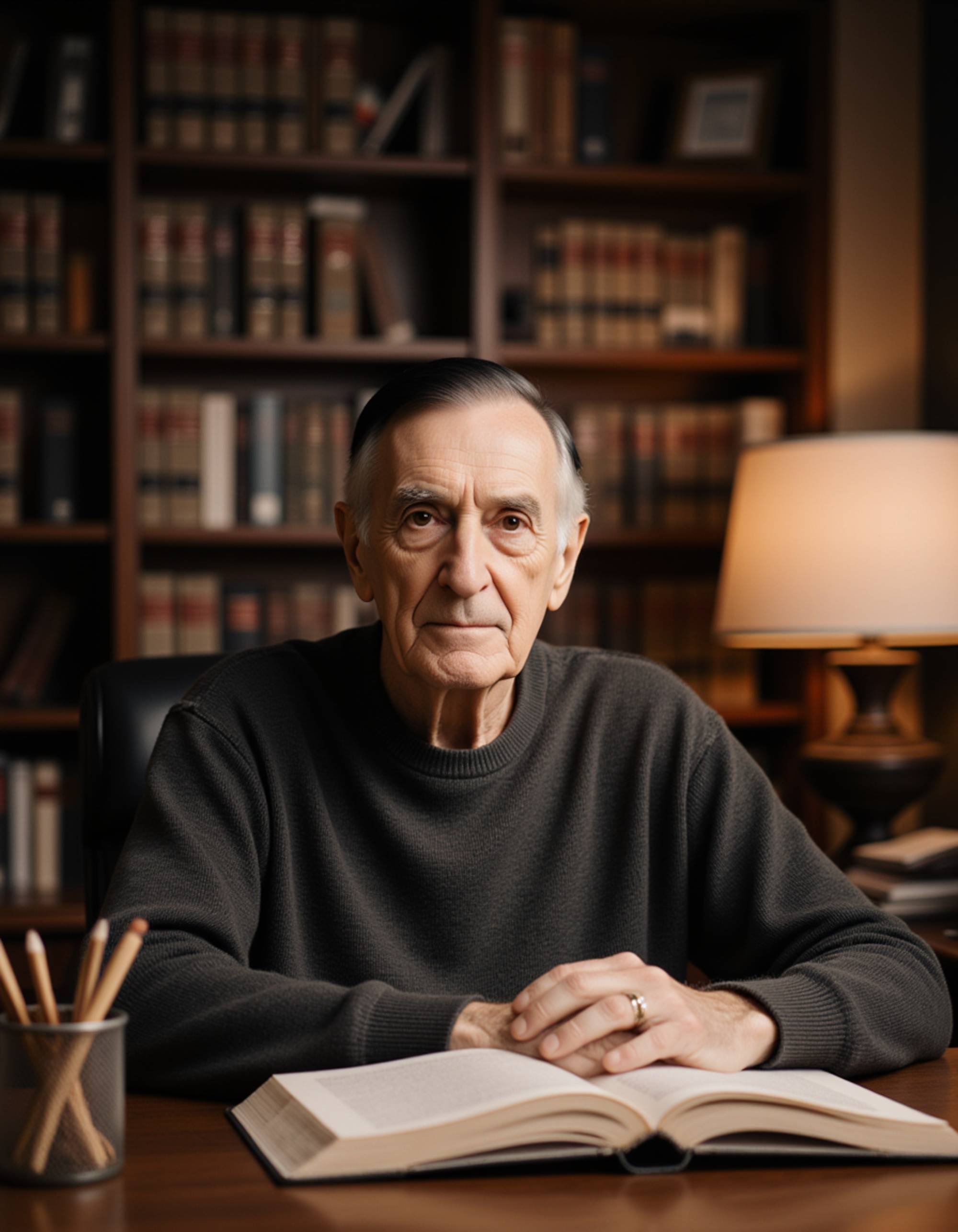 Cozy podcast atmosphere with the model in a home-studio setting, warm ambient lights, bookshelf in the background, soft-focus depth of field, minimalist typography space.