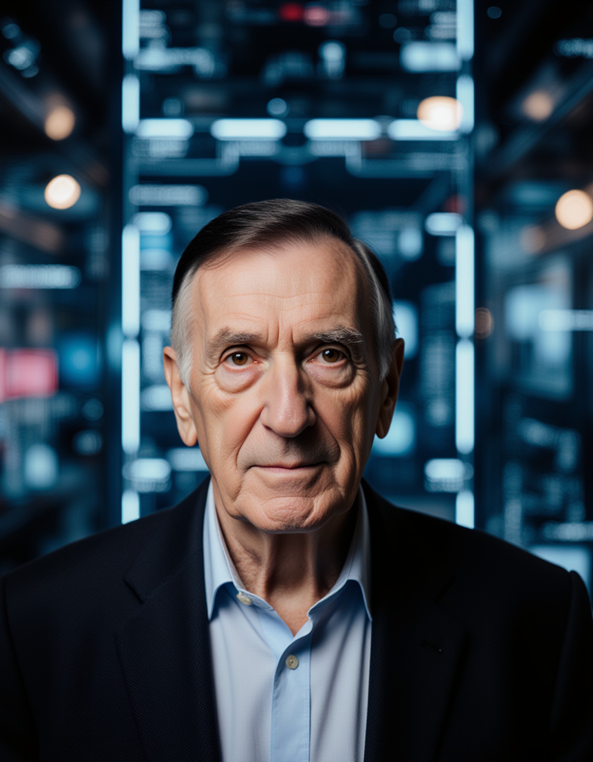 High-tech podcast cover with the model in front of holographic UI panels, digital neon accents, sleek microphone arm, dramatic side lighting, clean futuristic space for title text.