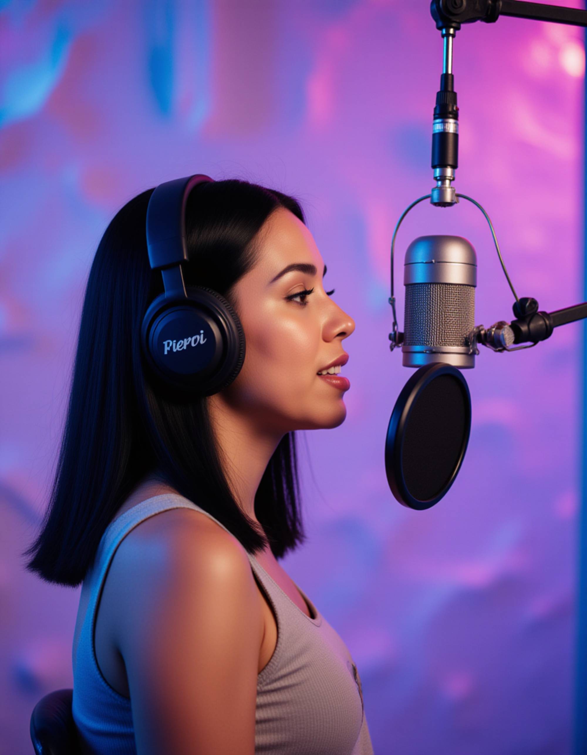 Podcast cover featuring the model with headphones on, speaking into a suspended condenser microphone, background filled with soft gradient waves, modern minimal layout with space for title text.