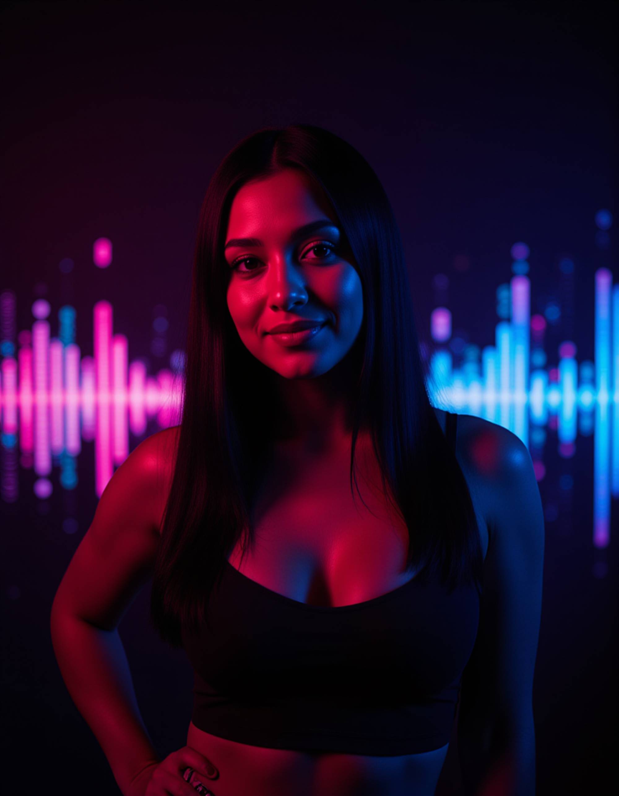 The model in a dark studio illuminated by colorful LED backlights, abstract soundwave lines floating behind, glossy futuristic aesthetic, clean composition for podcast branding.