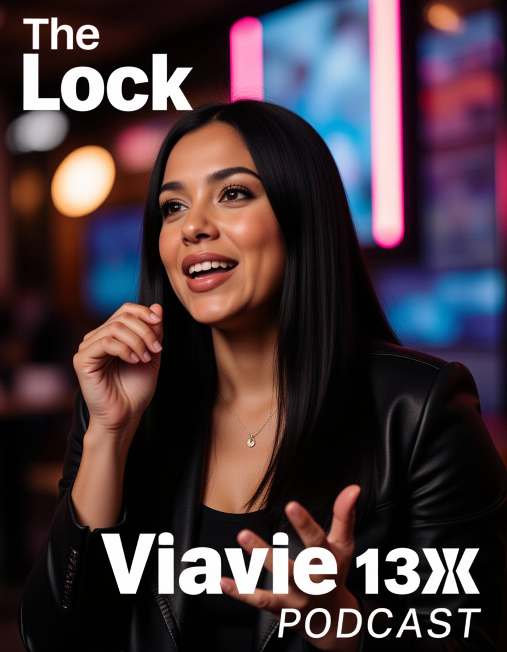 Dynamic podcast cover with the model mid-conversation, expressive lighting, blurred studio lights in the background, subtle depth-of-field, bold diagonal shapes framing the title area.