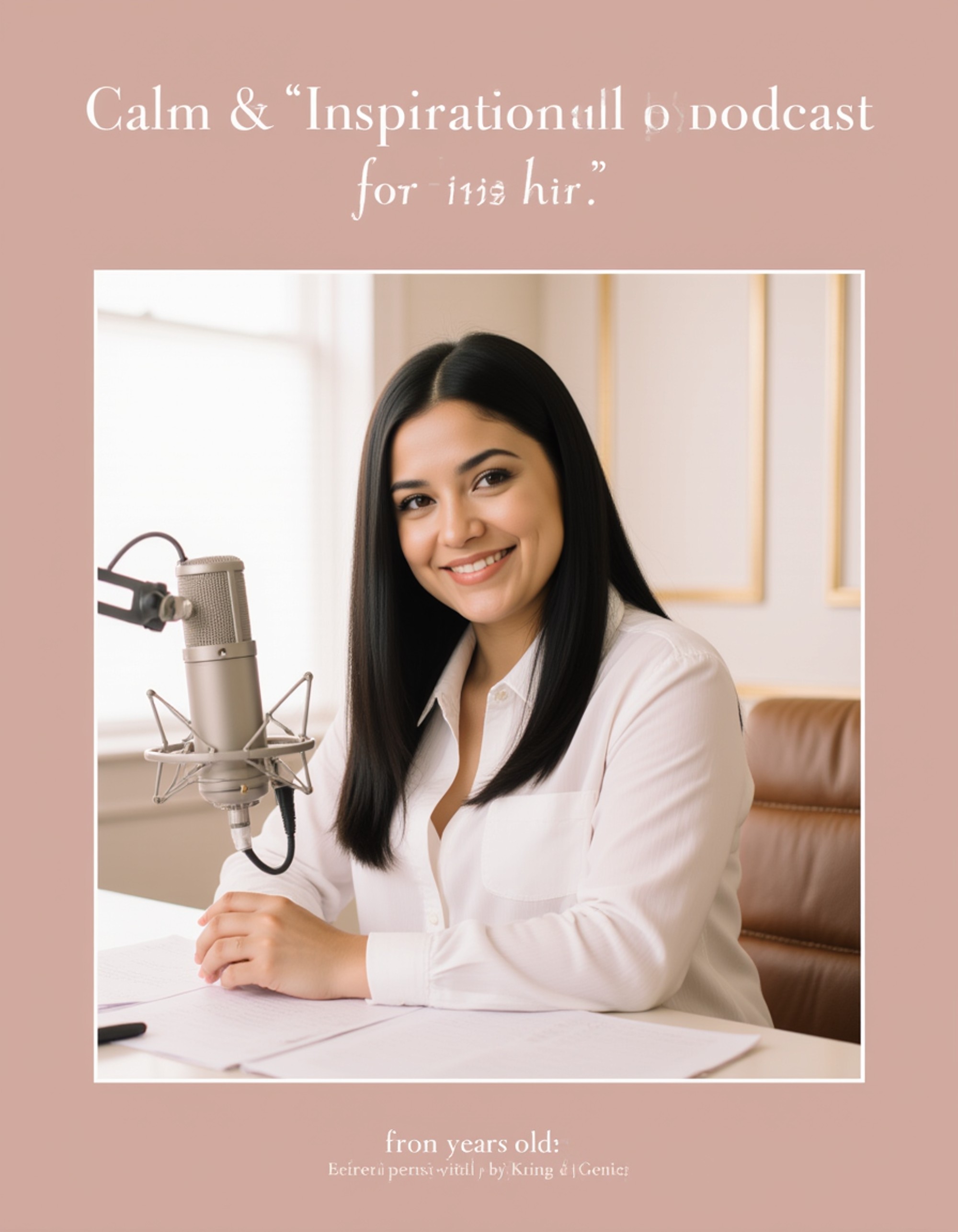 Calm and inspirational podcast cover showing the model at a desk with a simple microphone setup, pastel color palette, gentle shadows, spacious layout for elegant typography.