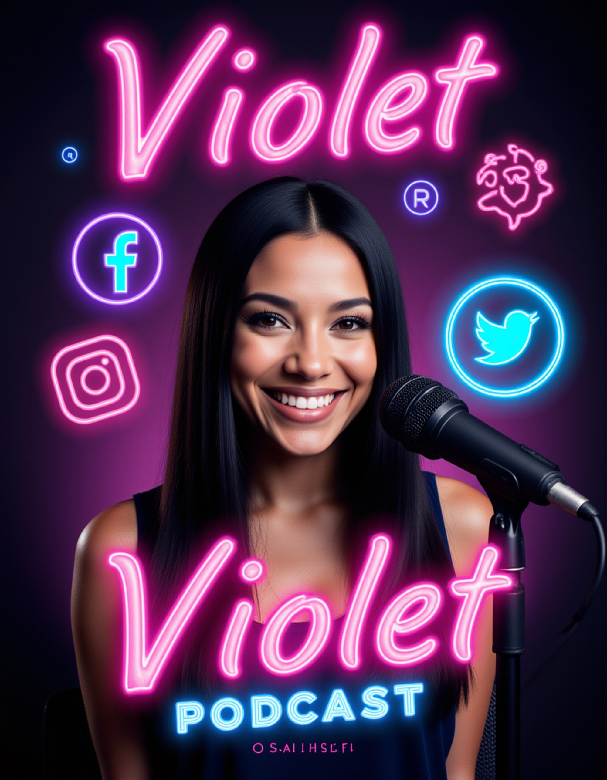 High-energy podcast cover with the model surrounded by social media icons, vibrant neon outlines, modern studio mic, sharp contrast lighting, striking composition for title placement.