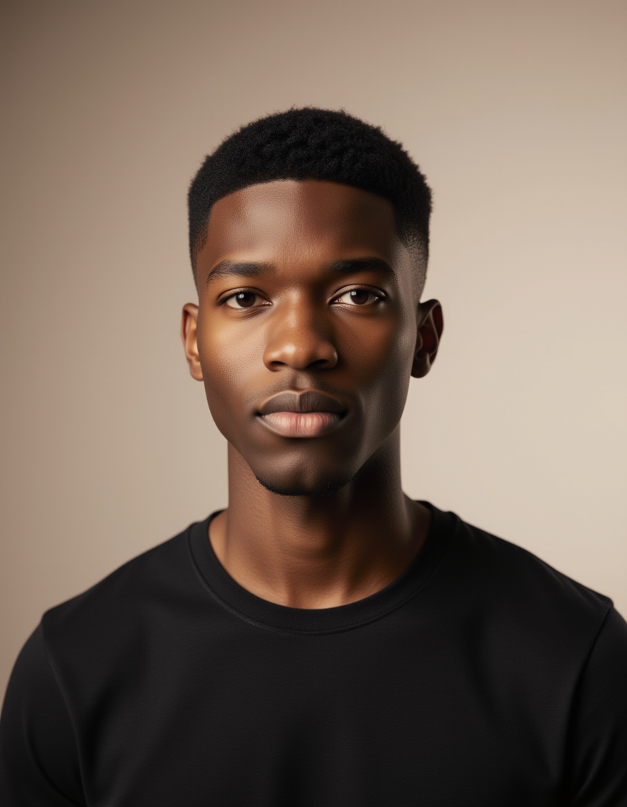 Podcast cover with the model in a modern studio, soft spotlight on the face, clean neutral background, subtle circular soundwave pattern behind, minimalist space for the podcast title.