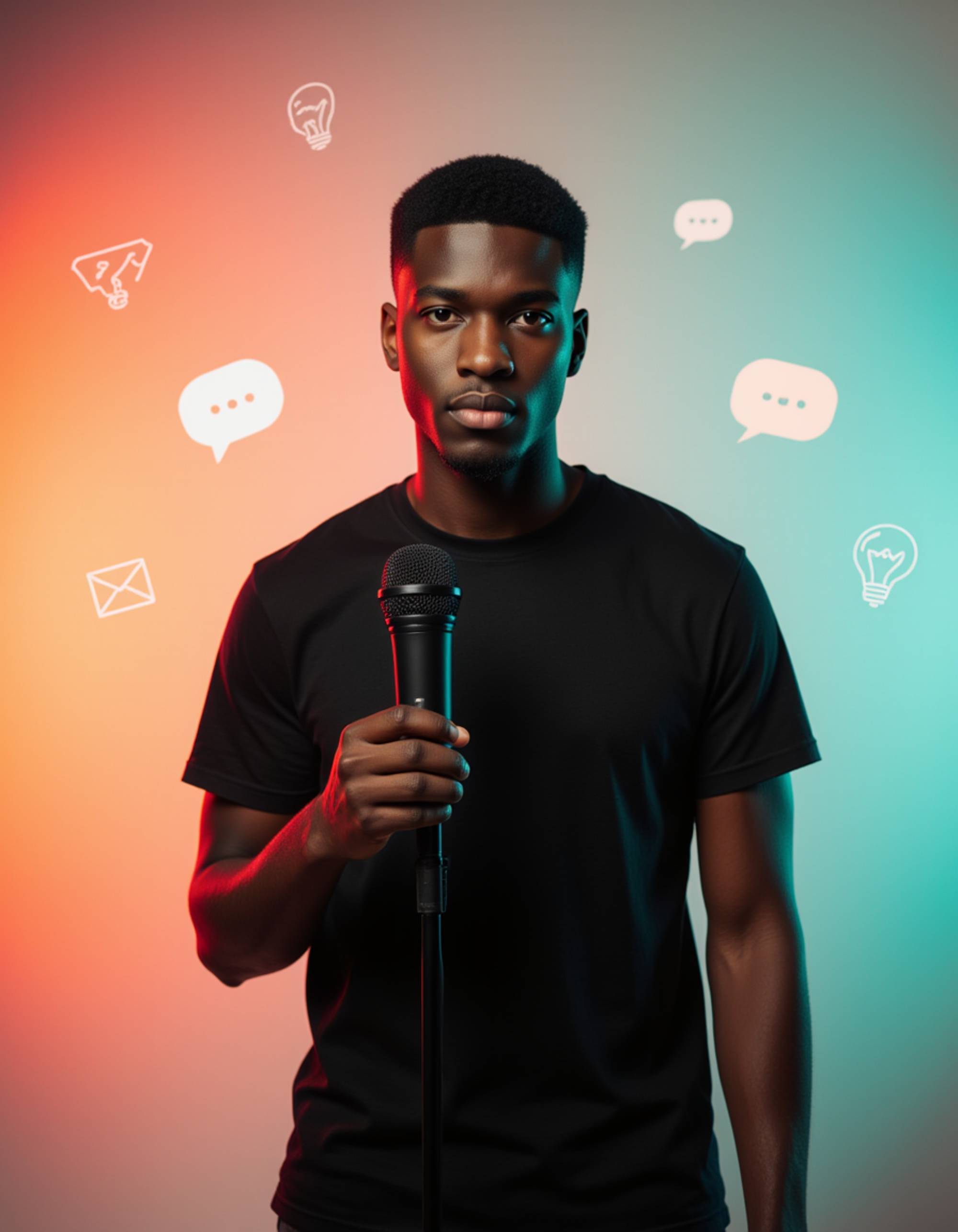 The model standing behind a sleek microphone setup, vibrant gradient backdrop, floating icons related to conversation and ideas, bold contemporary layout for title placement.