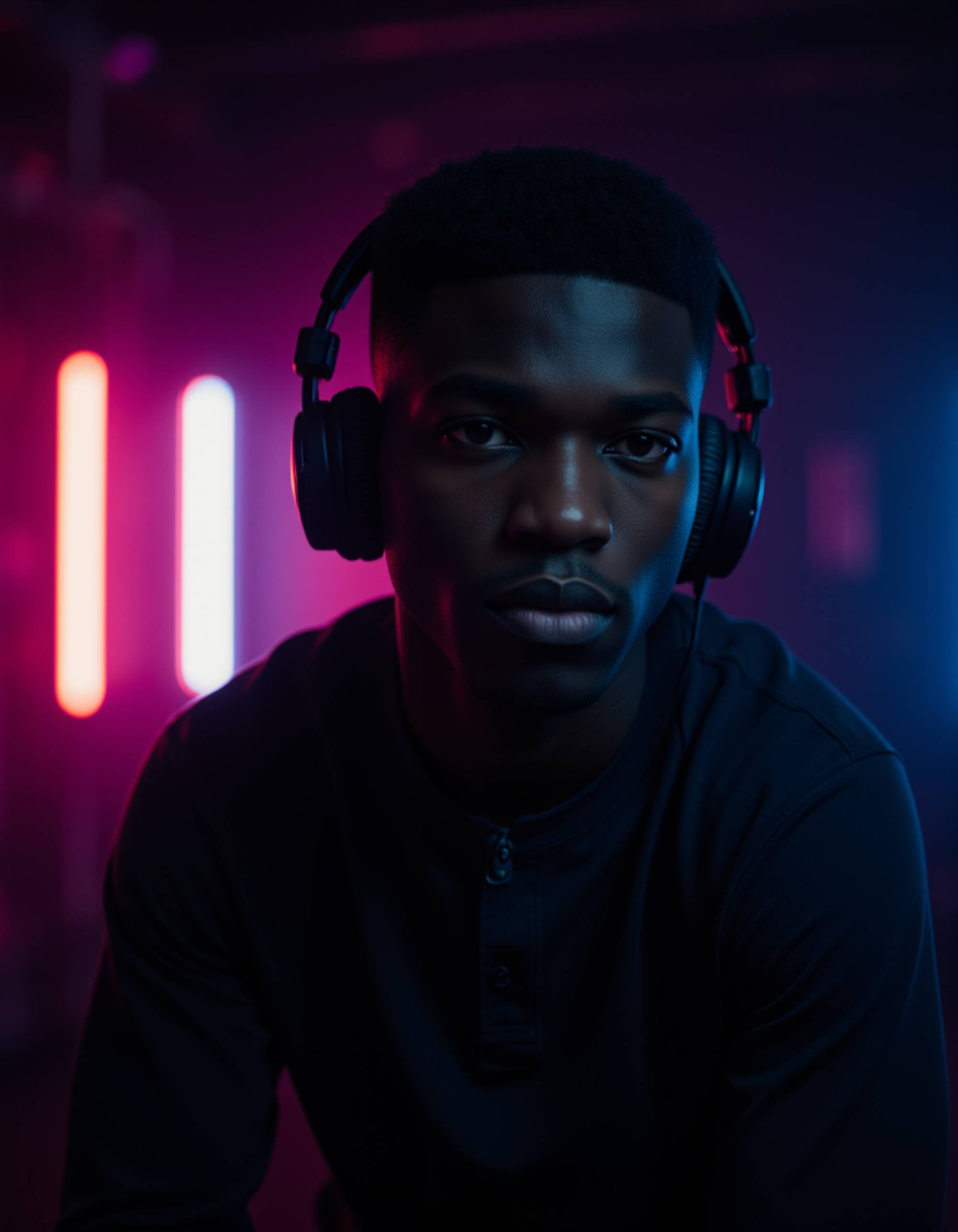 Podcast cover showing the model in a cinematic close-up with headphones, dark moody background with glowing neon lines, high-contrast lighting, dynamic area for typography.