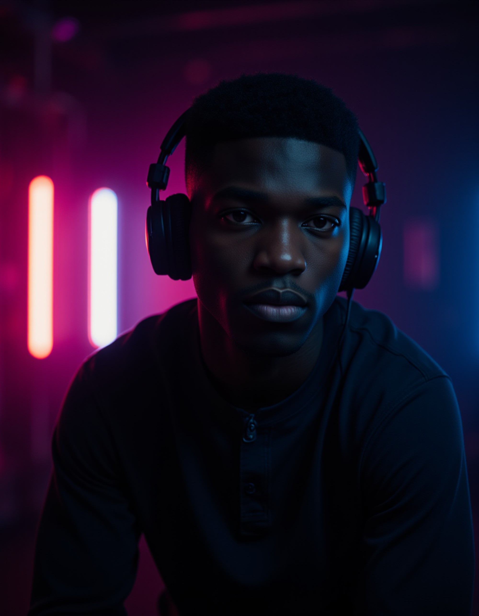 Podcast cover showing the model in a cinematic close-up with headphones, dark moody background with glowing neon lines, high-contrast lighting, dynamic area for typography.