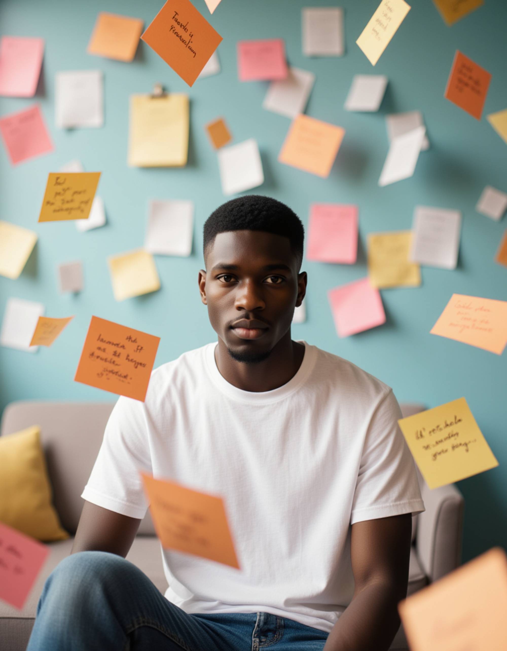 Creative podcast atmosphere with the model surrounded by floating notes, sketches, and storytelling symbols, bright artistic color palette, smooth lighting and open space for the podcast name.