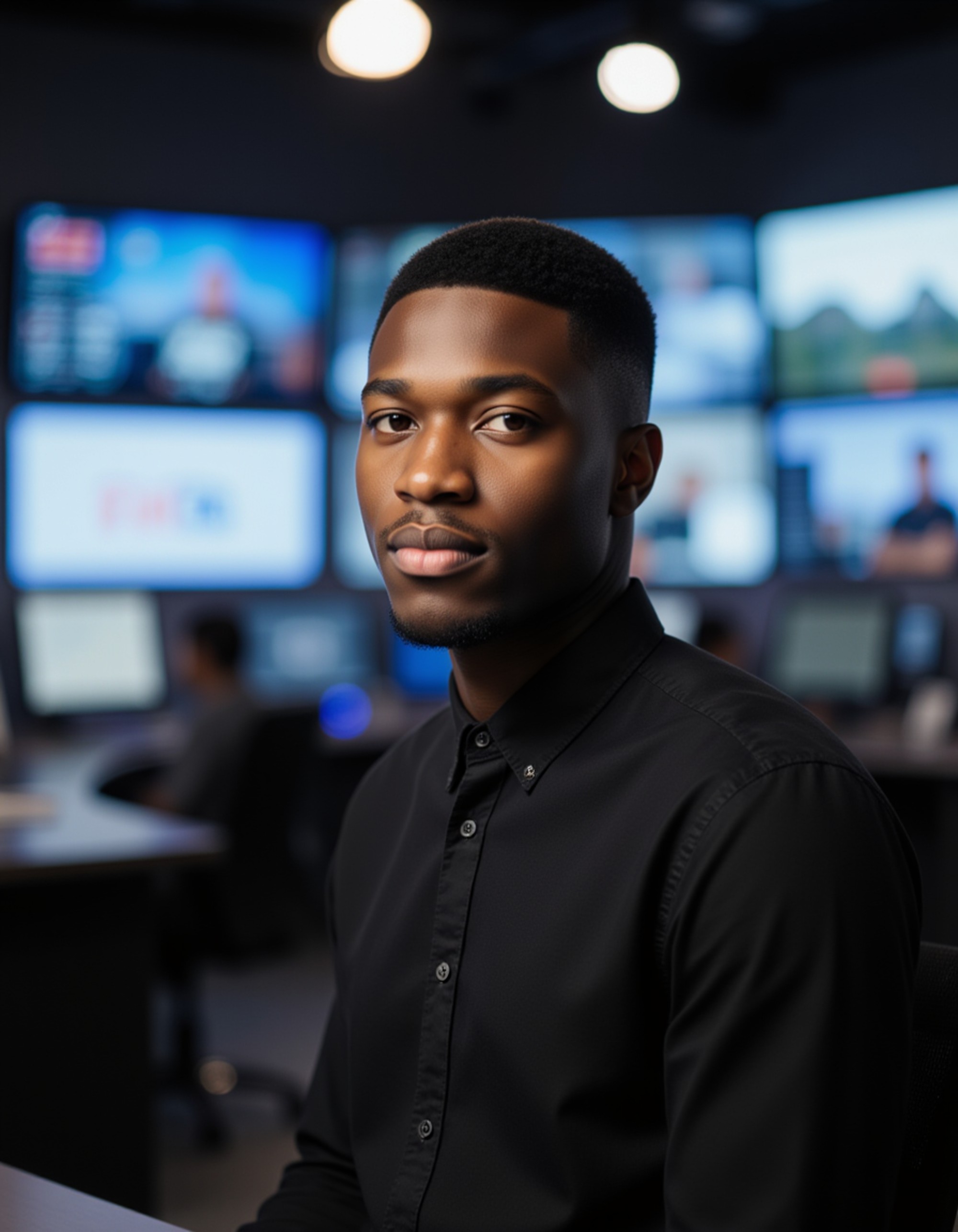 Professional podcast cover featuring the model in a newsroom-style environment, digital screens blurred behind, crisp cool lighting, structured layout for clean bold title text.