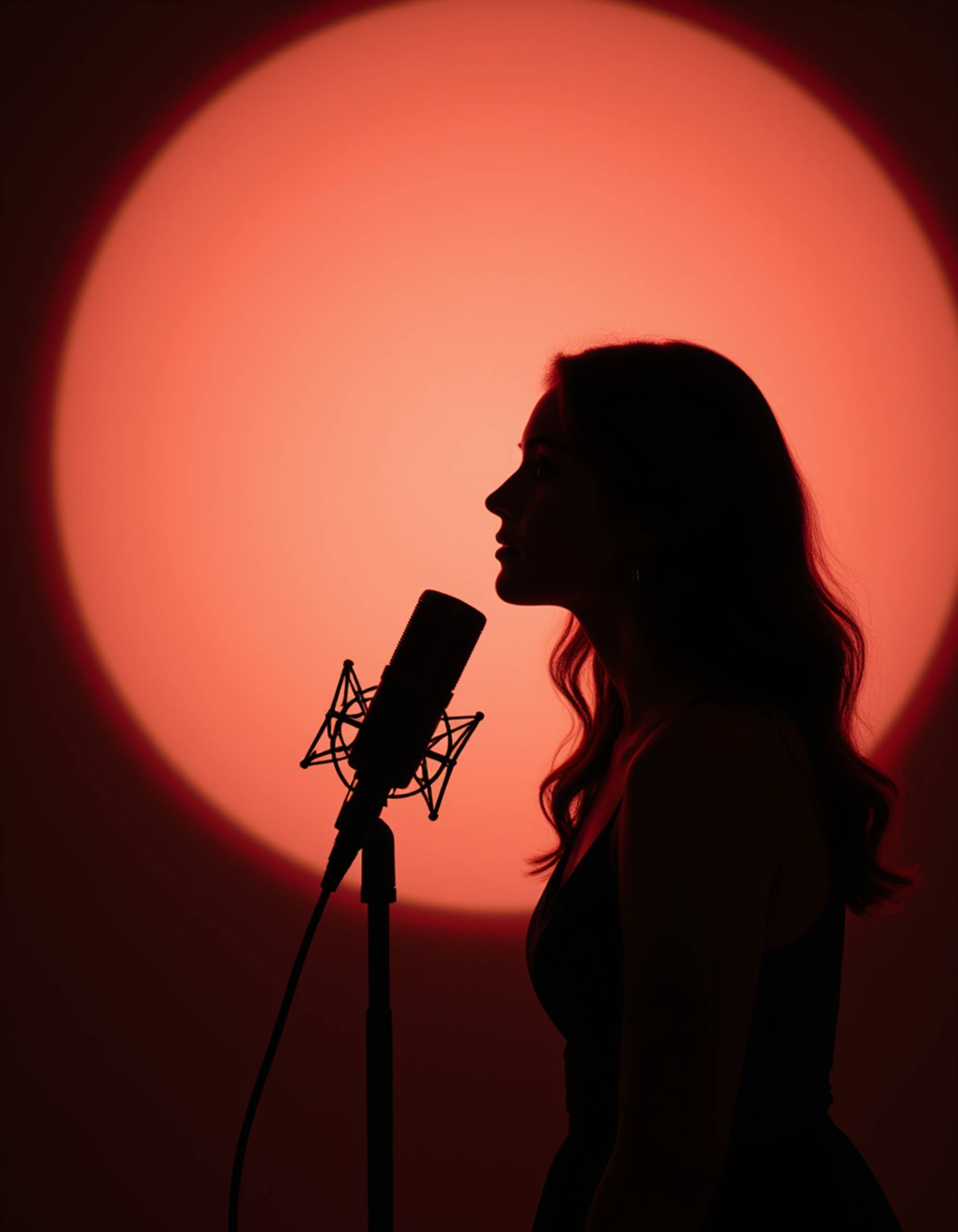 Podcast cover featuring the model leaning toward a studio microphone, bold rim light outlining the silhouette, smooth gradient background with abstract circular rings, clean space for podcast title.