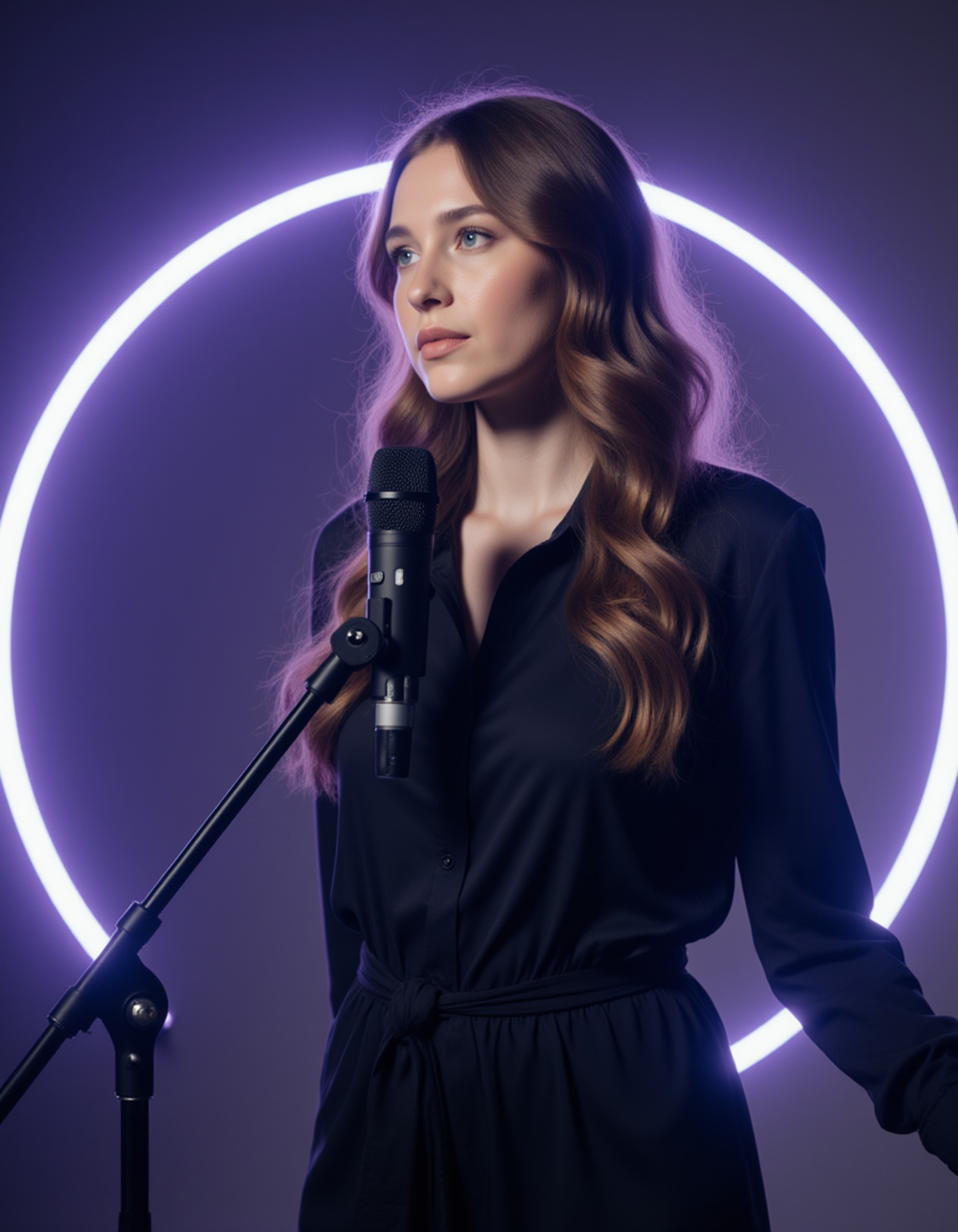 The model in front of a large glowing waveform arc, modern microphone on an adjustable arm, cool-toned cinematic lighting, minimal futuristic background, refined layout for text.