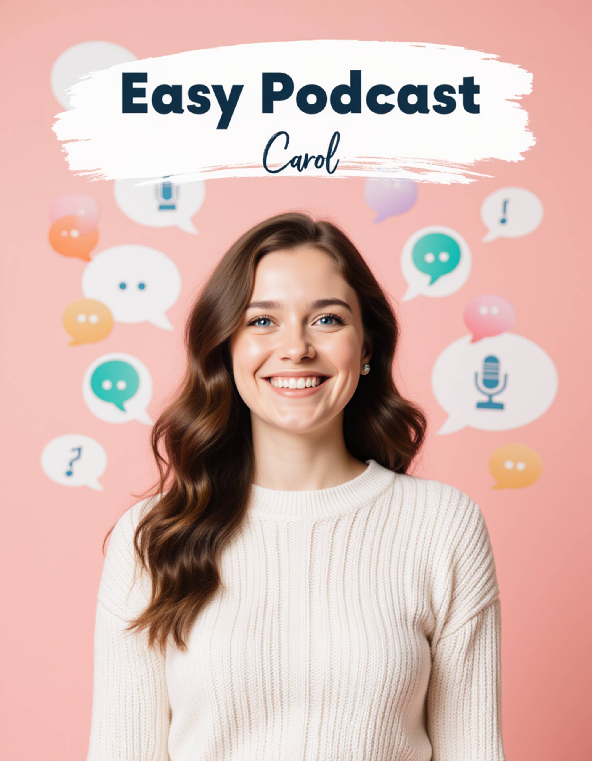 Creative podcast cover with the model surrounded by floating conversation bubbles and abstract icons, bright friendly colors, soft studio lighting, modern clean layout for title placement.