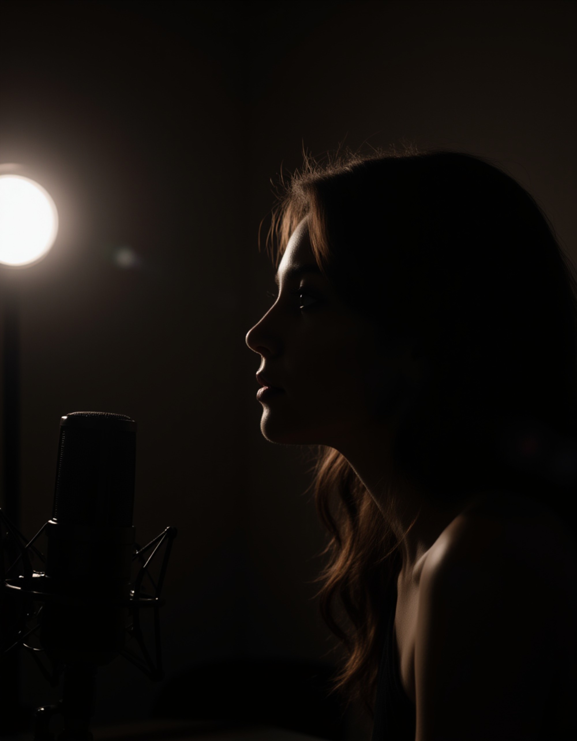 Moody podcast cover showing the model in a dramatic side profile, dark backdrop with subtle spotlight halos, sleek microphone setup, elegant minimalist space for typography.