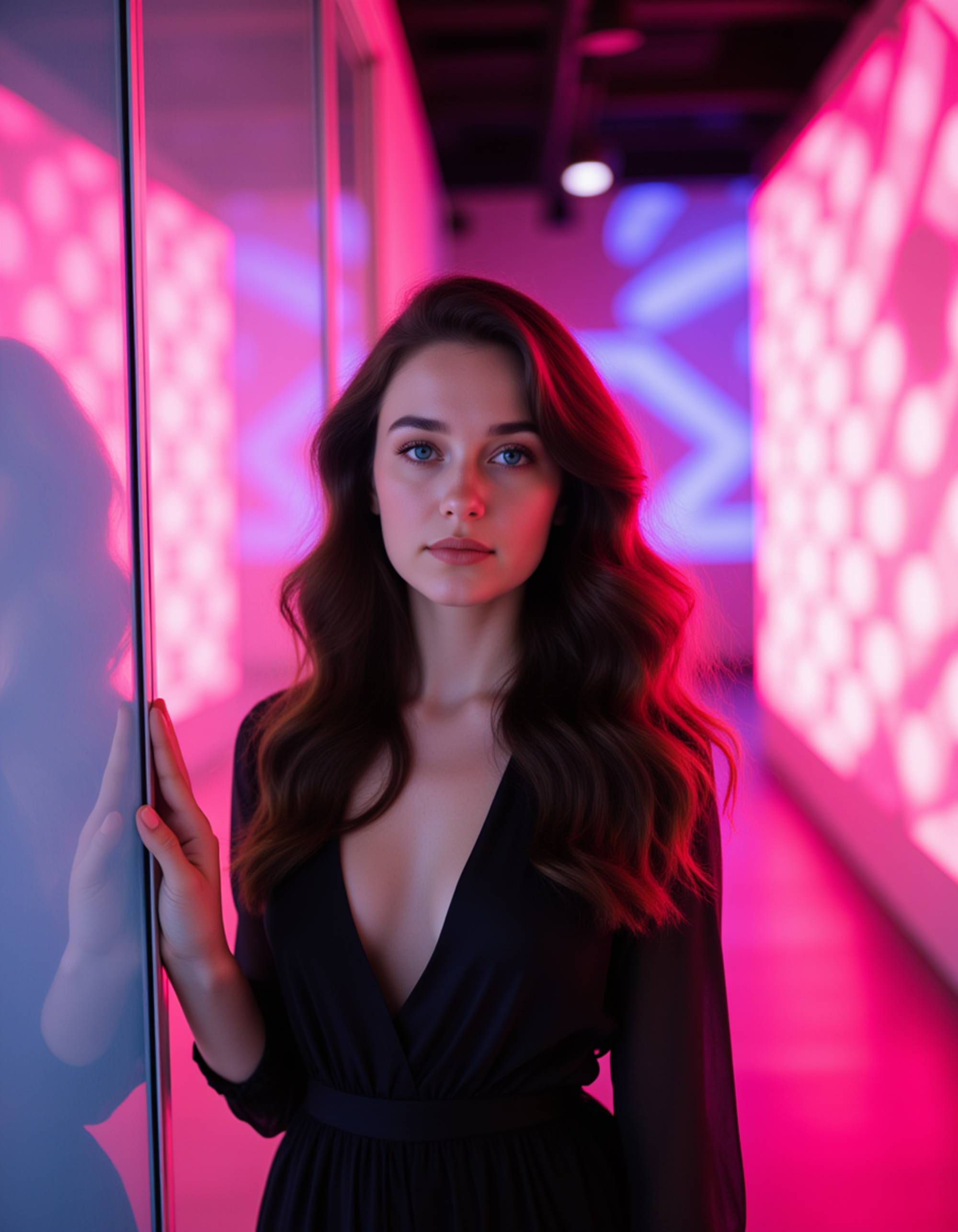 Energetic podcast cover featuring the model in a colorful studio with LED panels, diagonal light streaks, abstract motion shapes, bold modern framing for the podcast name.