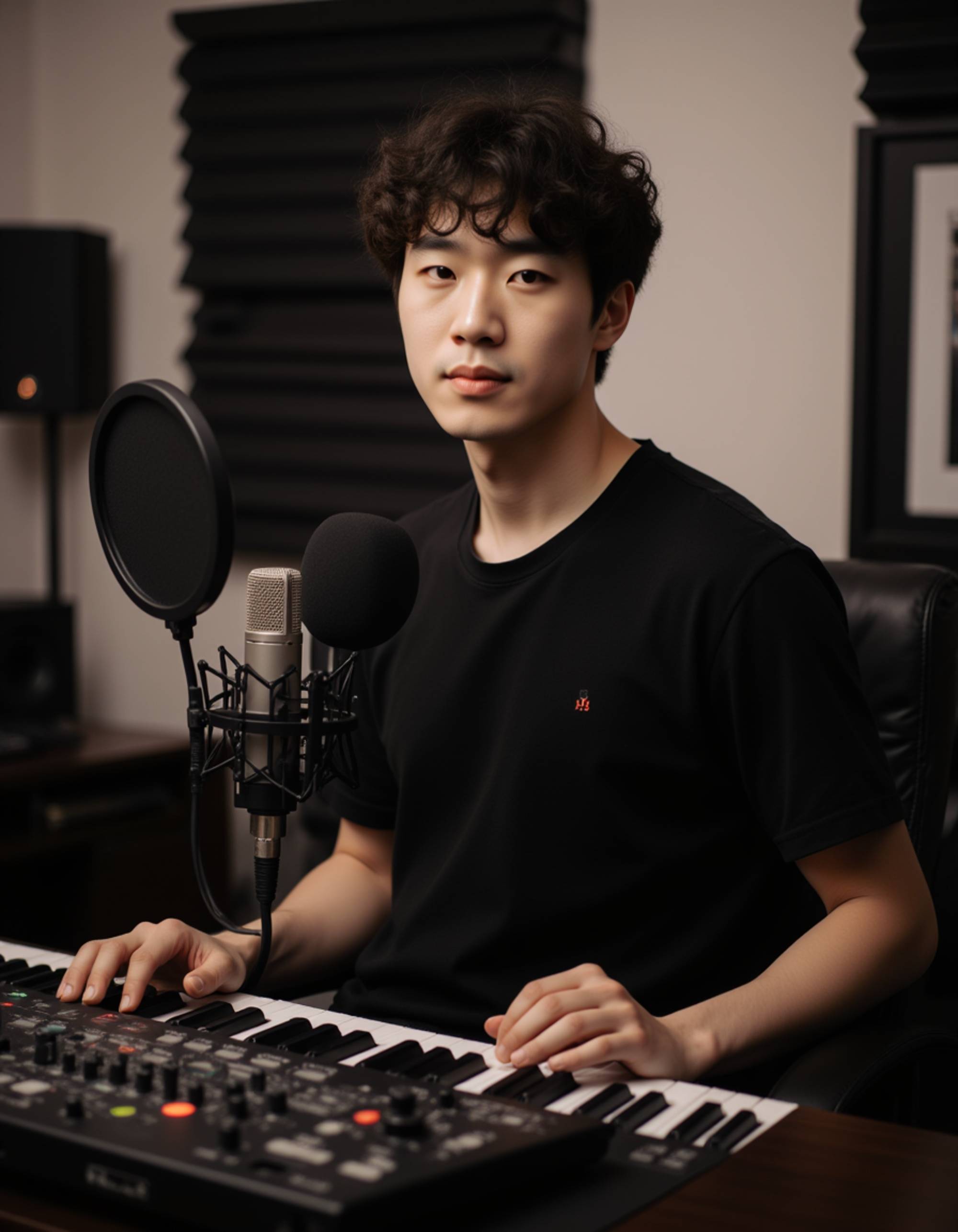 Podcast cover with the model in a clean studio environment, modern microphone setup, soft ambient lighting, geometric pattern background with subtle depth, minimalist composition for title placement.