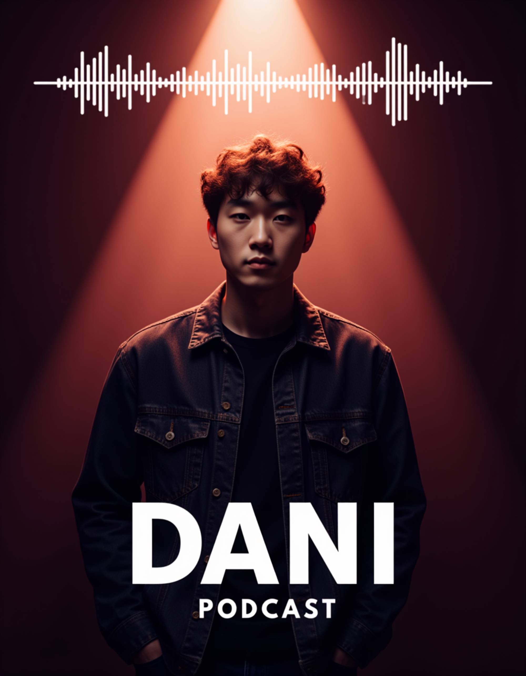 Dynamic podcast cover featuring the model illuminated by warm spotlight, abstract gradient backdrop with flowing soundwave elements, professional studio mic, balanced layout for bold typography.