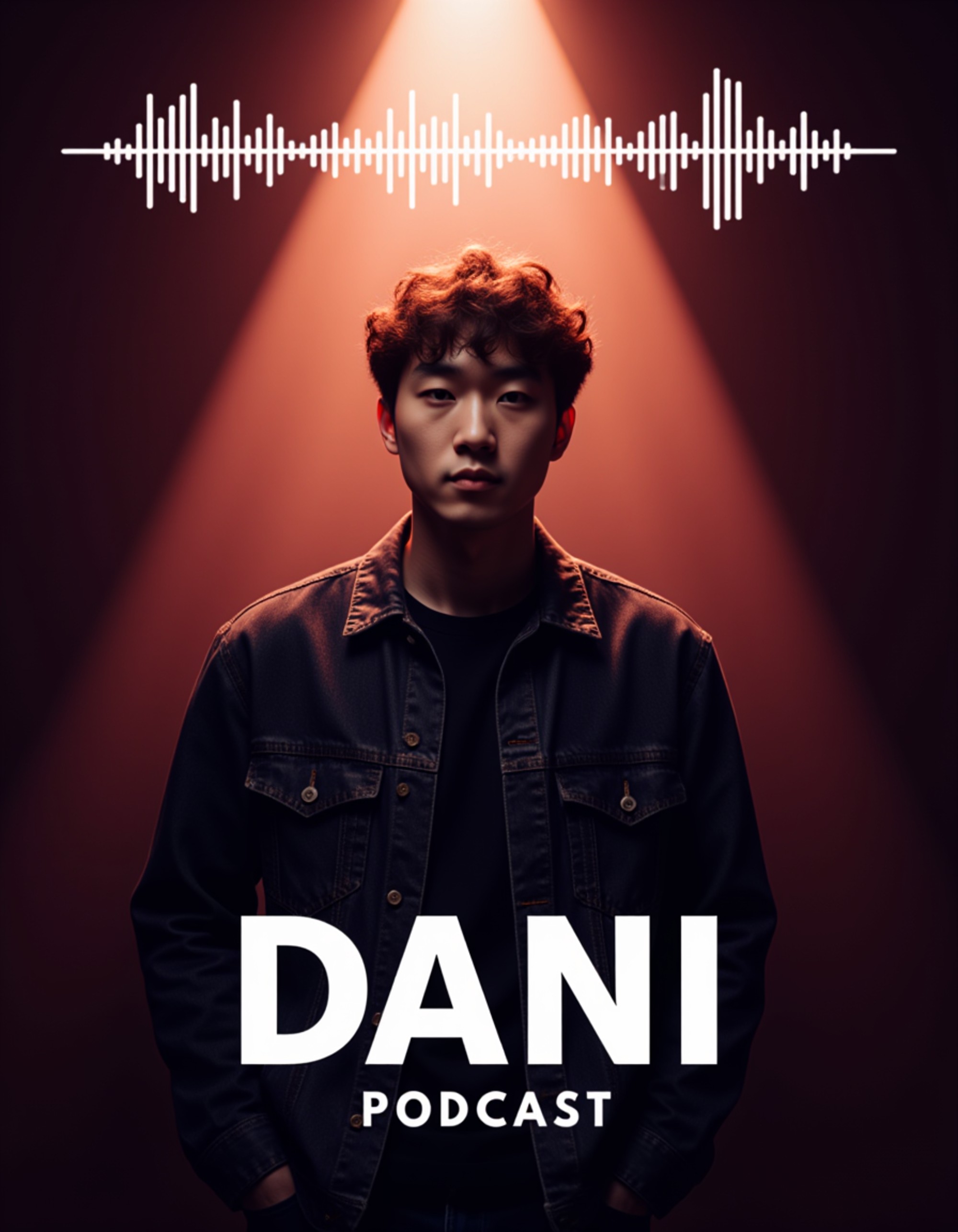 Dynamic podcast cover featuring the model illuminated by warm spotlight, abstract gradient backdrop with flowing soundwave elements, professional studio mic, balanced layout for bold typography.