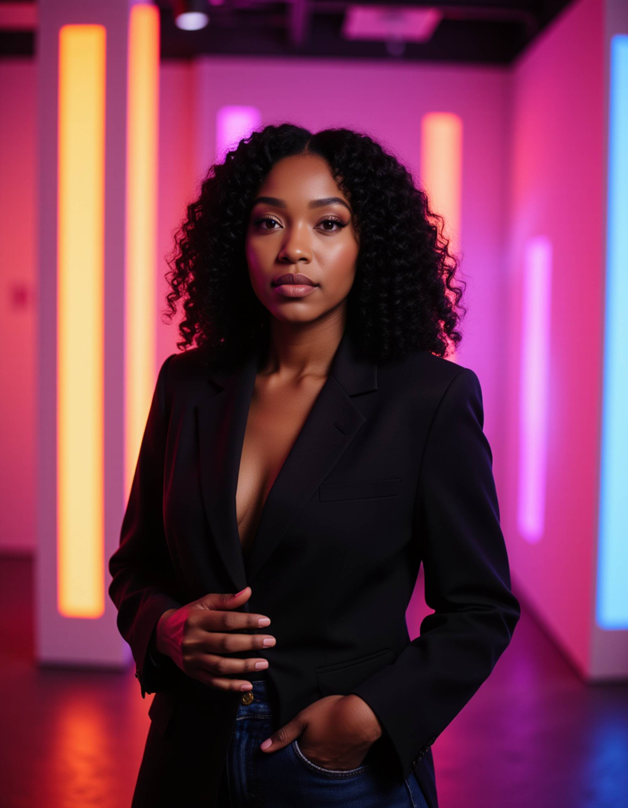 The model in a vibrant modern studio with colorful LED stripes, dynamic lighting contrasts, subtle floating icons of microphones and waveforms, bold layout for title placement.