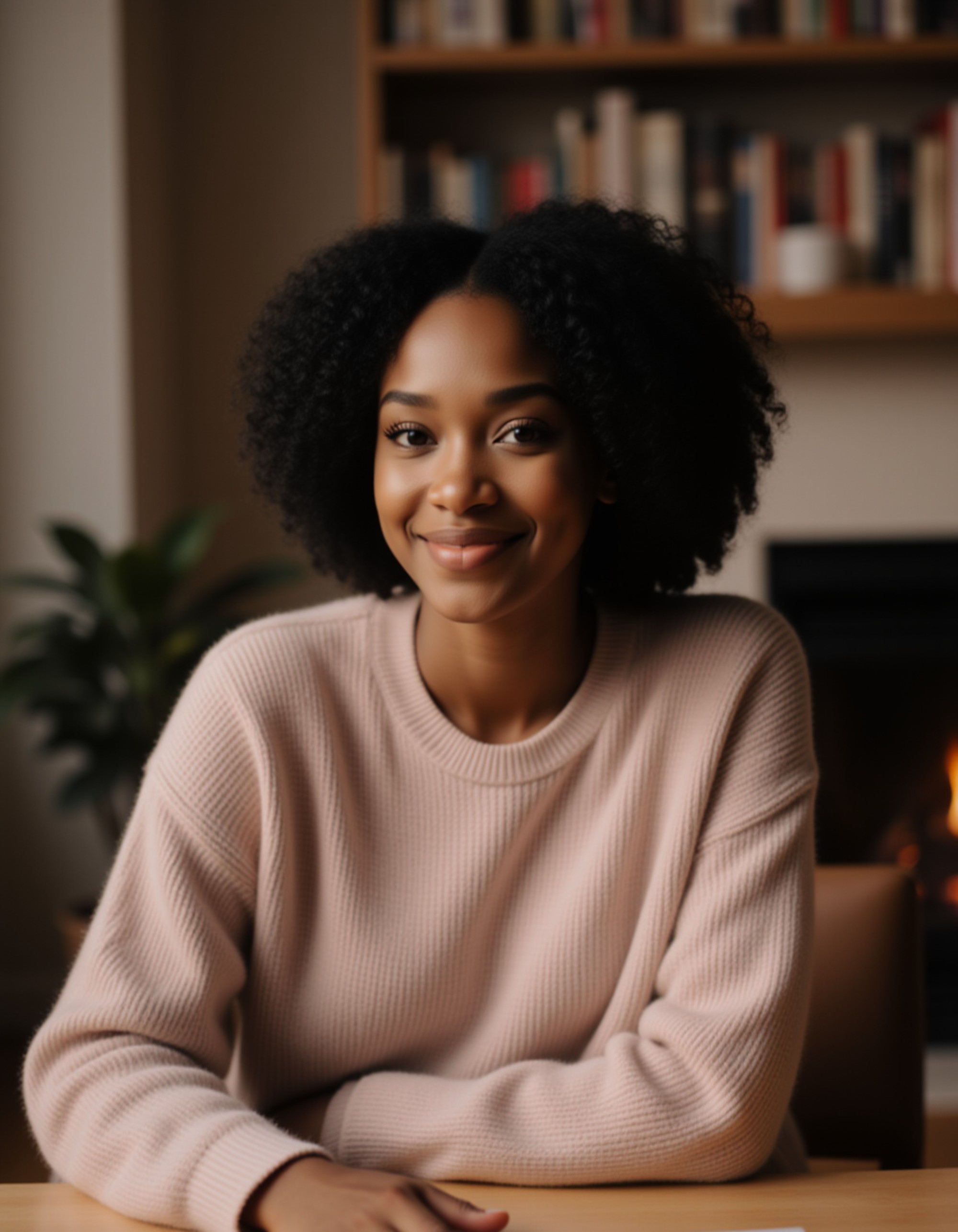 Calm podcast cover with the model at a desk in a cozy home-studio setting, warm ambient light, blurred bookshelf background, subtle gradient overlay, simple area for clean typography.