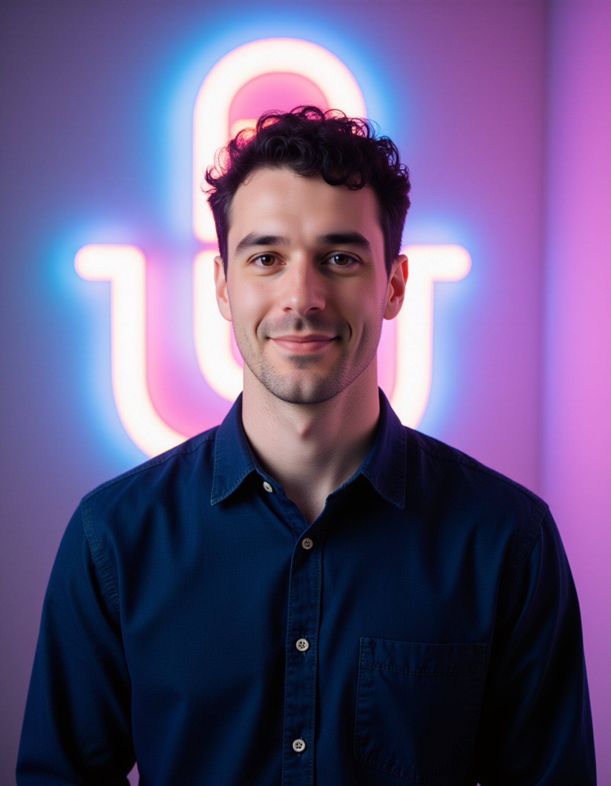 Podcast cover showing the model in front of a large stylized microphone icon, soft glowing backlight, smooth gradient background, modern clean layout with space for bold title text.