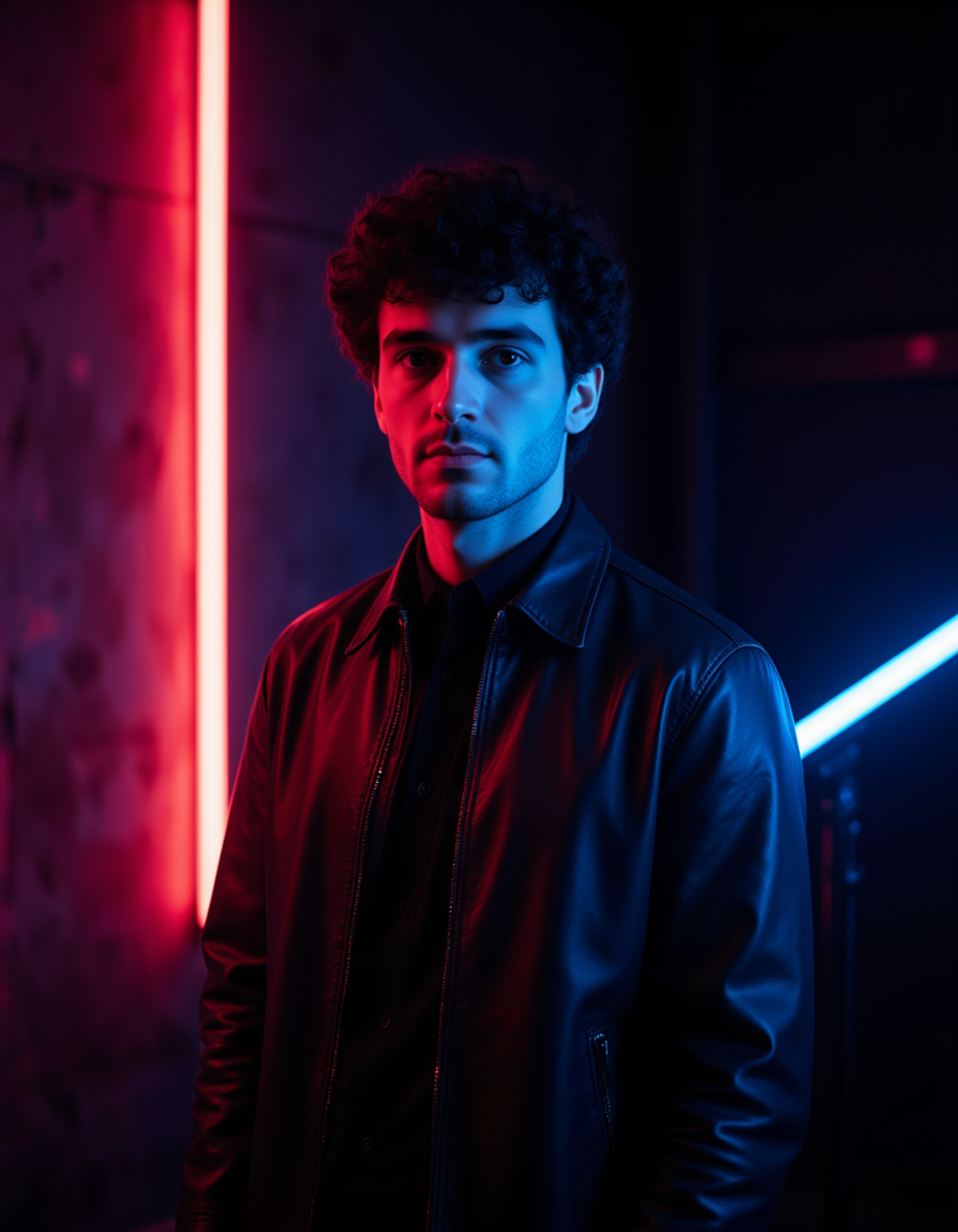 The model illuminated by colorful neon edge lighting, dark studio setting, abstract floating soundwave ribbons in the background, striking composition for contemporary podcast branding.