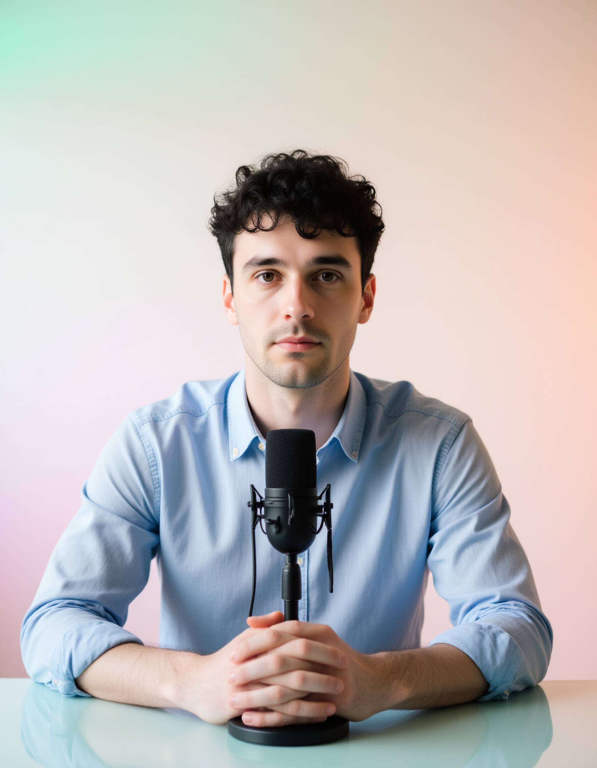 Minimalist podcast cover with the model seated at a desk, simple microphone setup, pastel gradient background, soft diffused lighting, balanced open space for elegant typography.