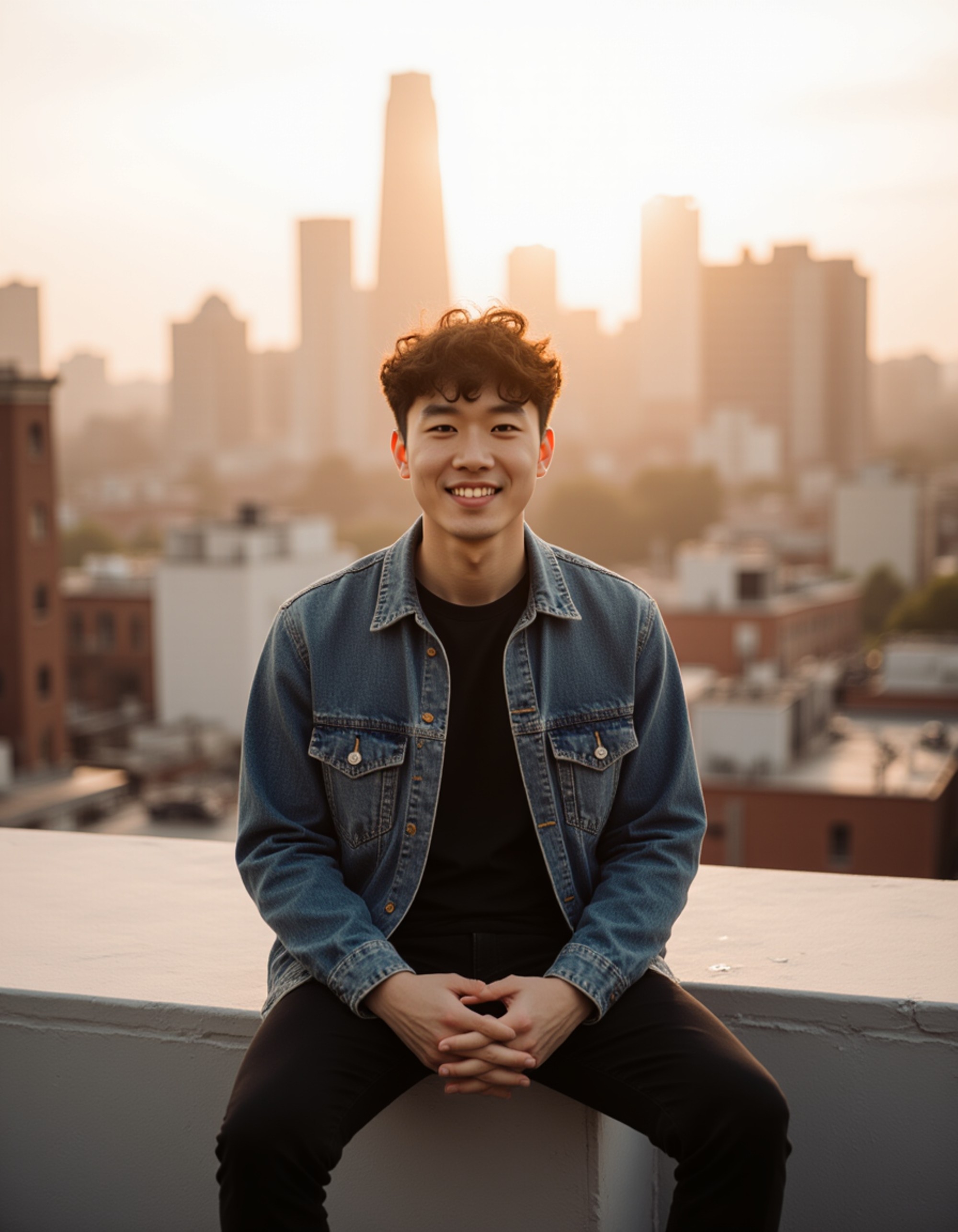 model sitting on a city rooftop at golden hour, relaxed posture, casual outfit, soft smile, natural dating-profile style