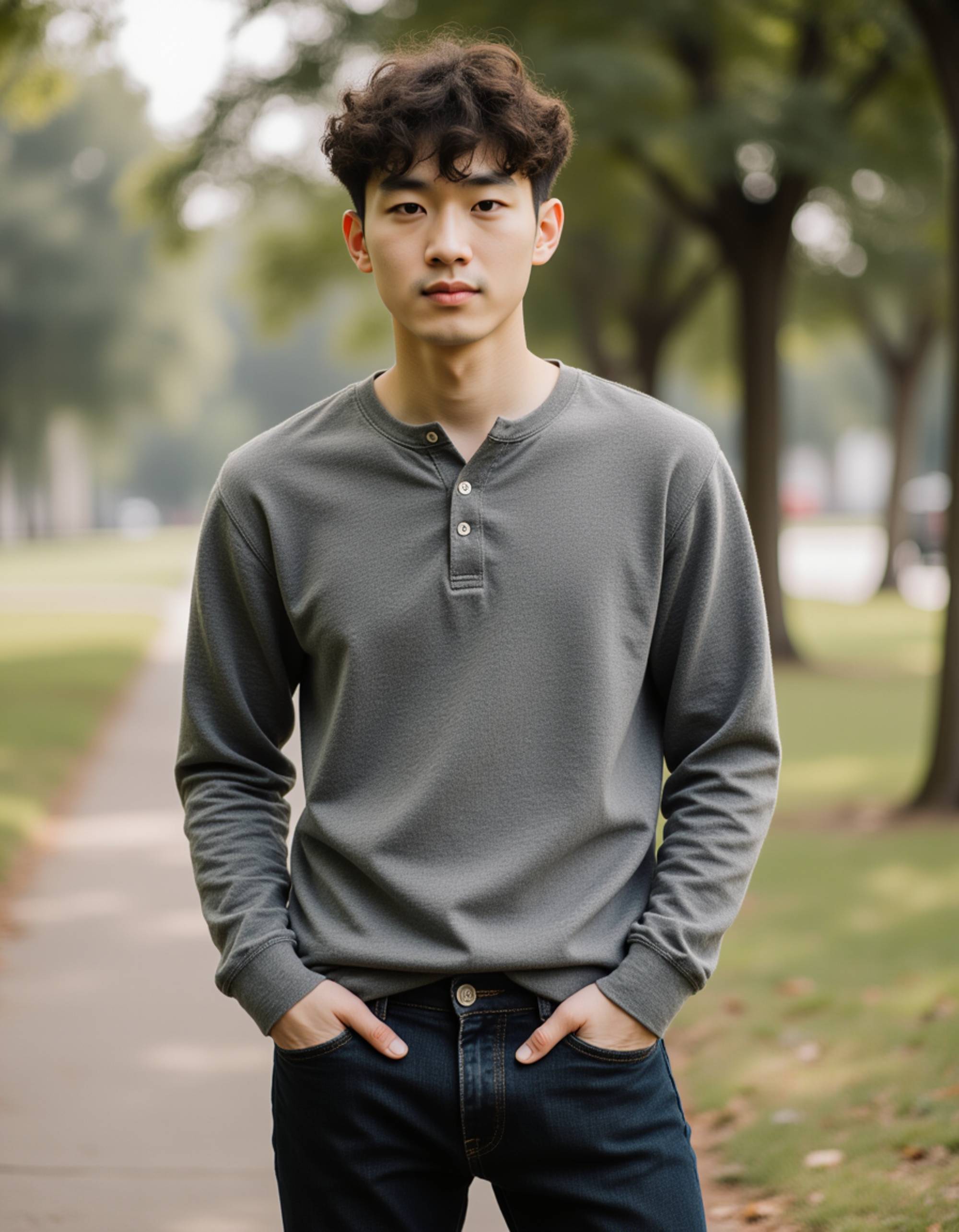 model standing outdoors with hands in pockets, clean haircut, confident expression, soft natural lighting, subtle background blur for a polished Hinge-style portrait