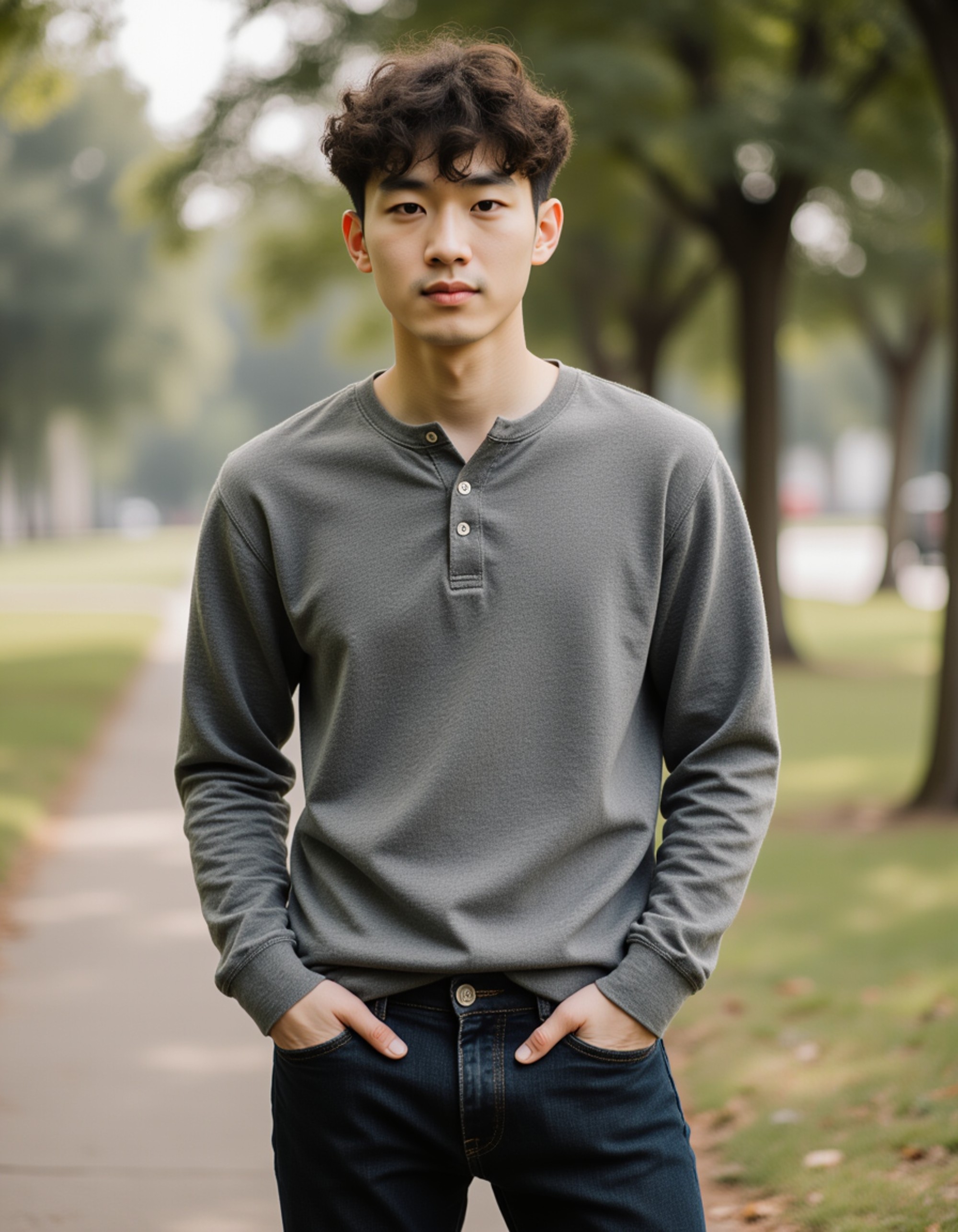 model standing outdoors with hands in pockets, clean haircut, confident expression, soft natural lighting, subtle background blur for a polished Hinge-style portrait
