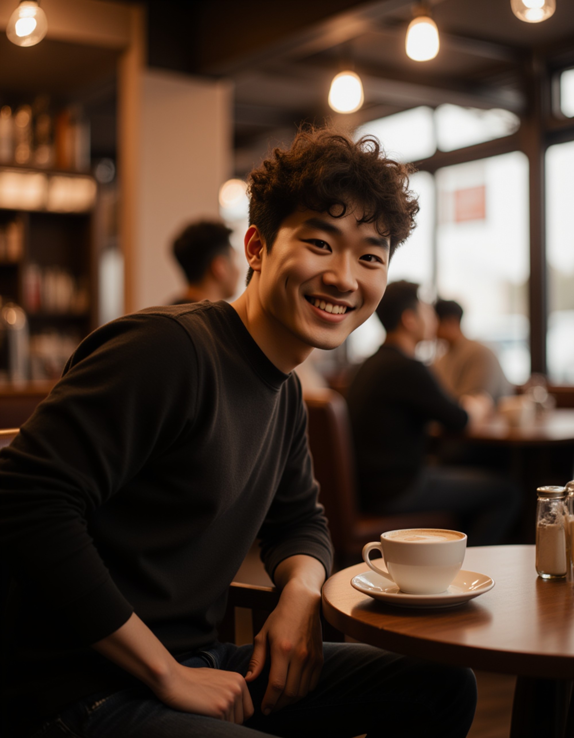 model in a cozy cafe, warm ambient light, leaning slightly forward with an authentic smile, candid lifestyle shot perfect for a dating profile