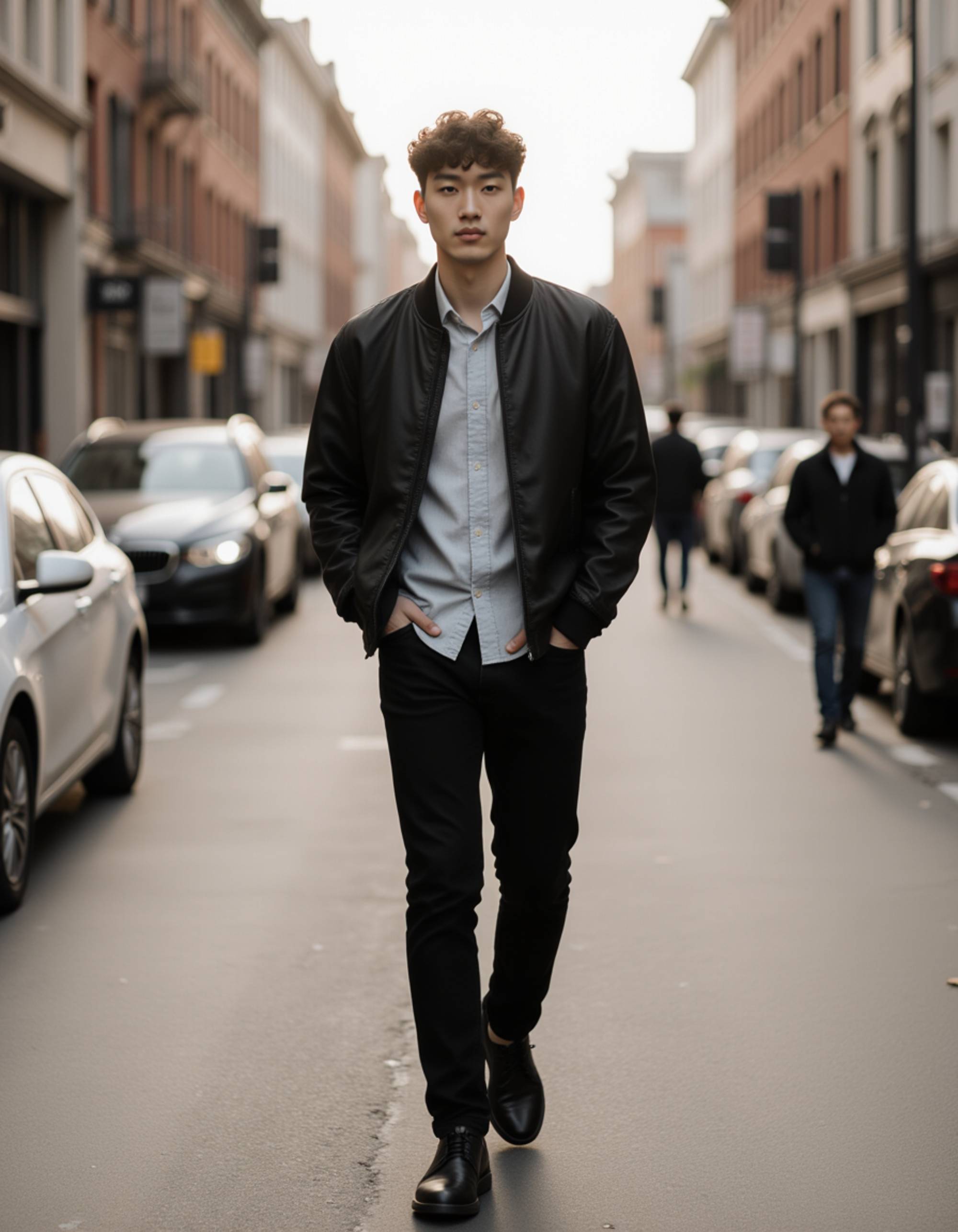 model walking in a modern urban street, natural stride, effortless style, clear focus on the face with a realistic, approachable vibe for Hinge photos