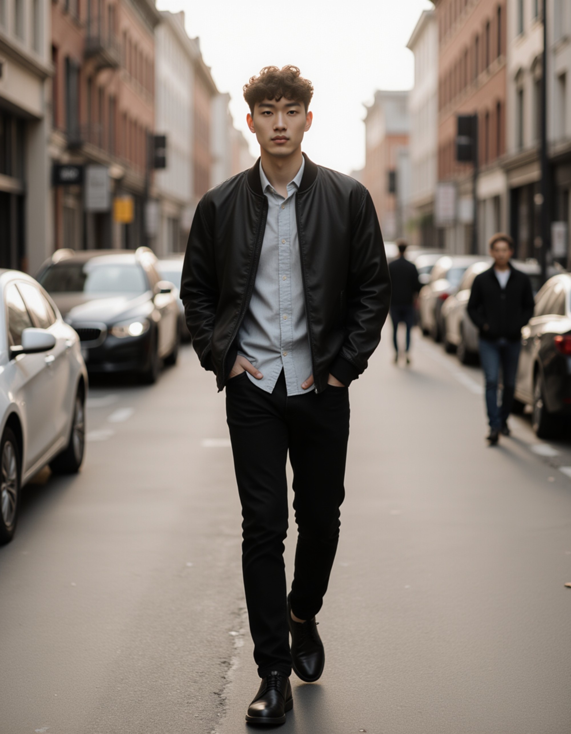 model walking in a modern urban street, natural stride, effortless style, clear focus on the face with a realistic, approachable vibe for Hinge photos