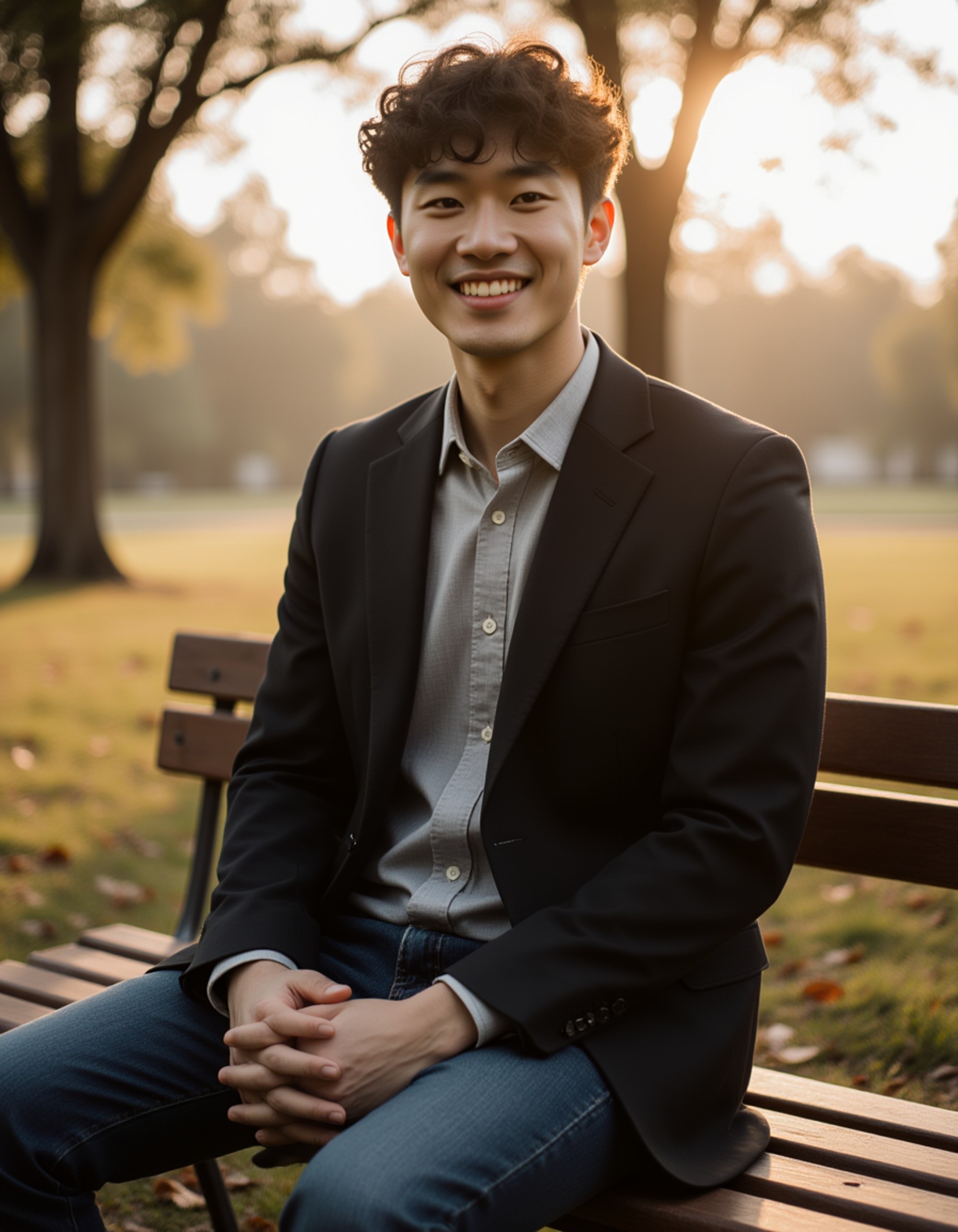 model seated on a wooden bench in a park, relaxed shoulders, charming smile, clean and simple composition designed for a strong dating-app first impression