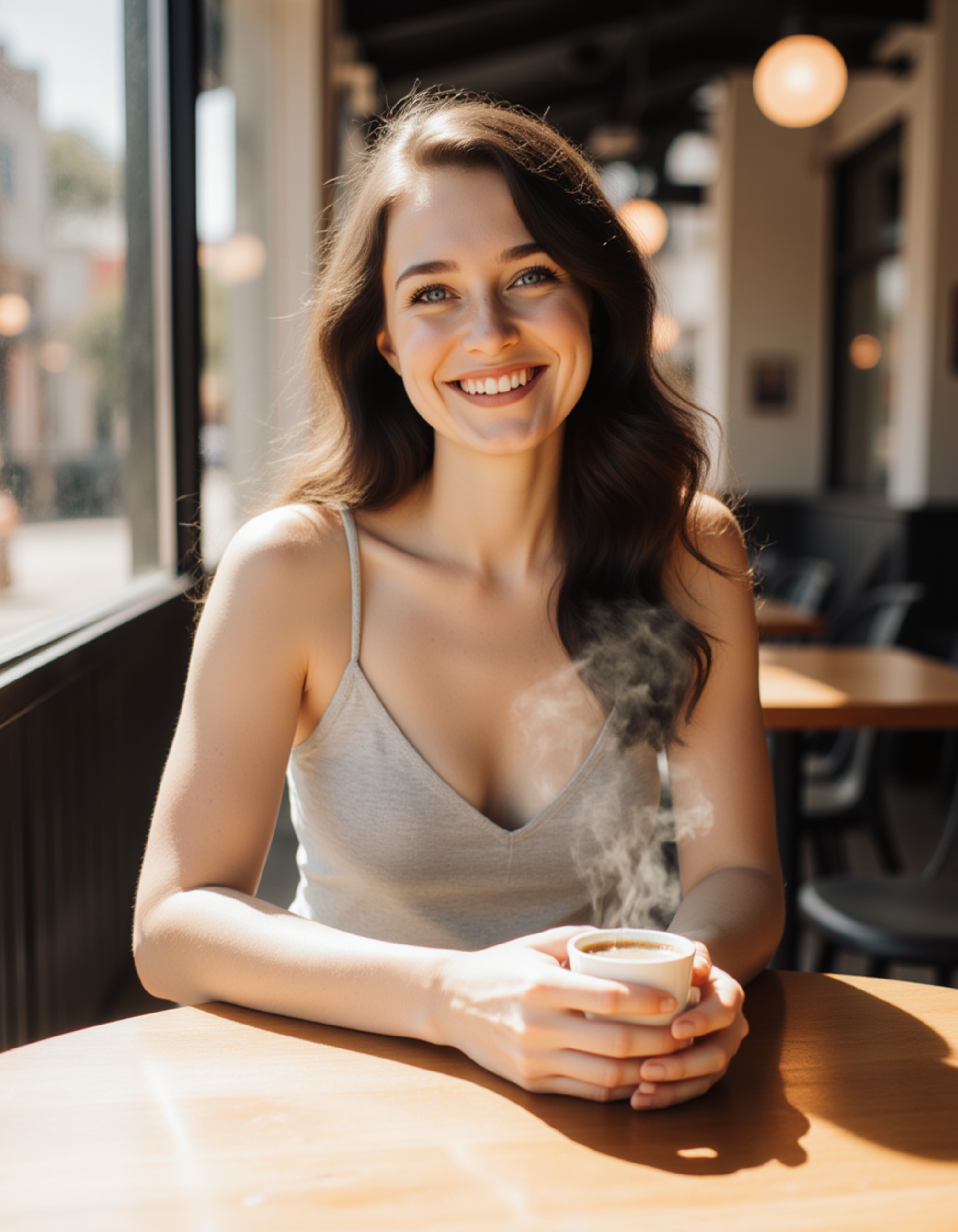 model sitting at a sunlit cafe table, gentle smile, soft natural makeup, warm tones and a candid lifestyle feel perfect for a Hinge photo