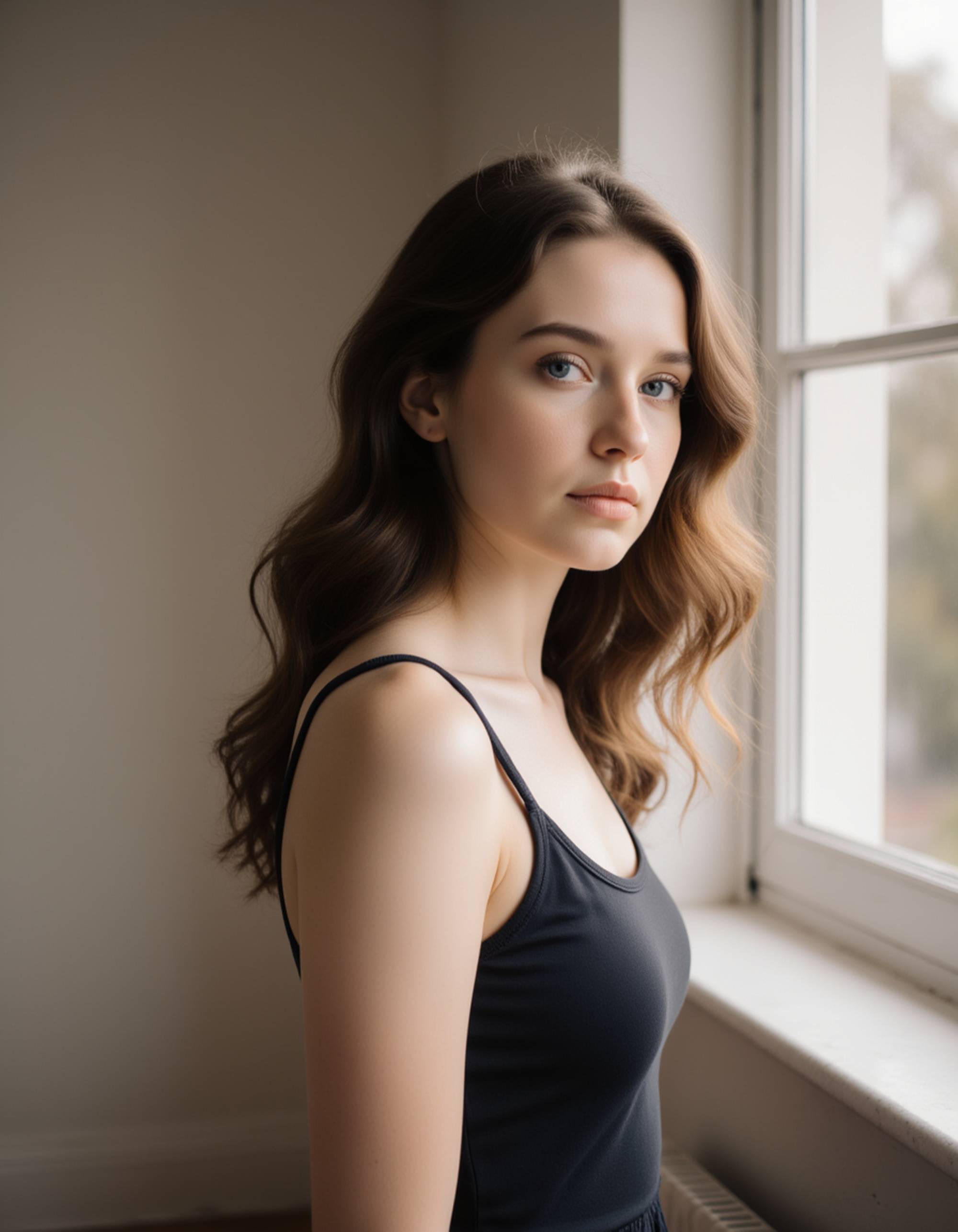 model standing near a window with natural light shaping the face beautifully, relaxed posture, subtle hair movement, clean dating-profile aesthetic